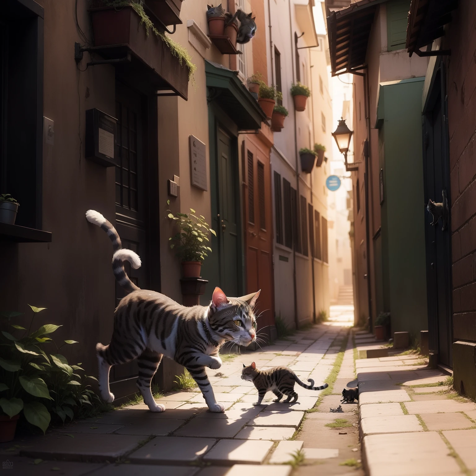 A determined cat scurried after the startled rat, its tiny paws pitter-pattering as it relentlessly pursued the feline through the narrow alleyways.