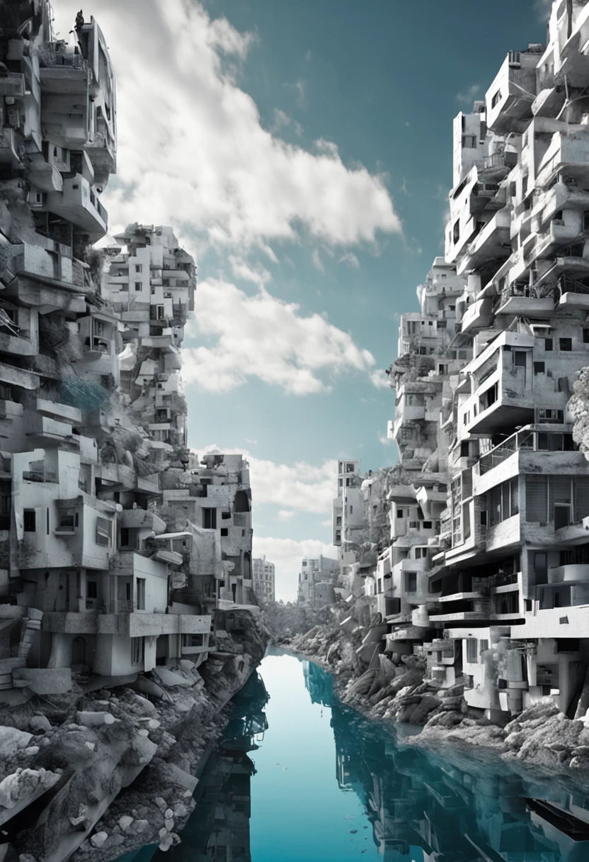 white and black photos of a city with a blue water, in the style of contemporary collage, animated gifs, album covers, fluid, high detailed, yankeecore, relief