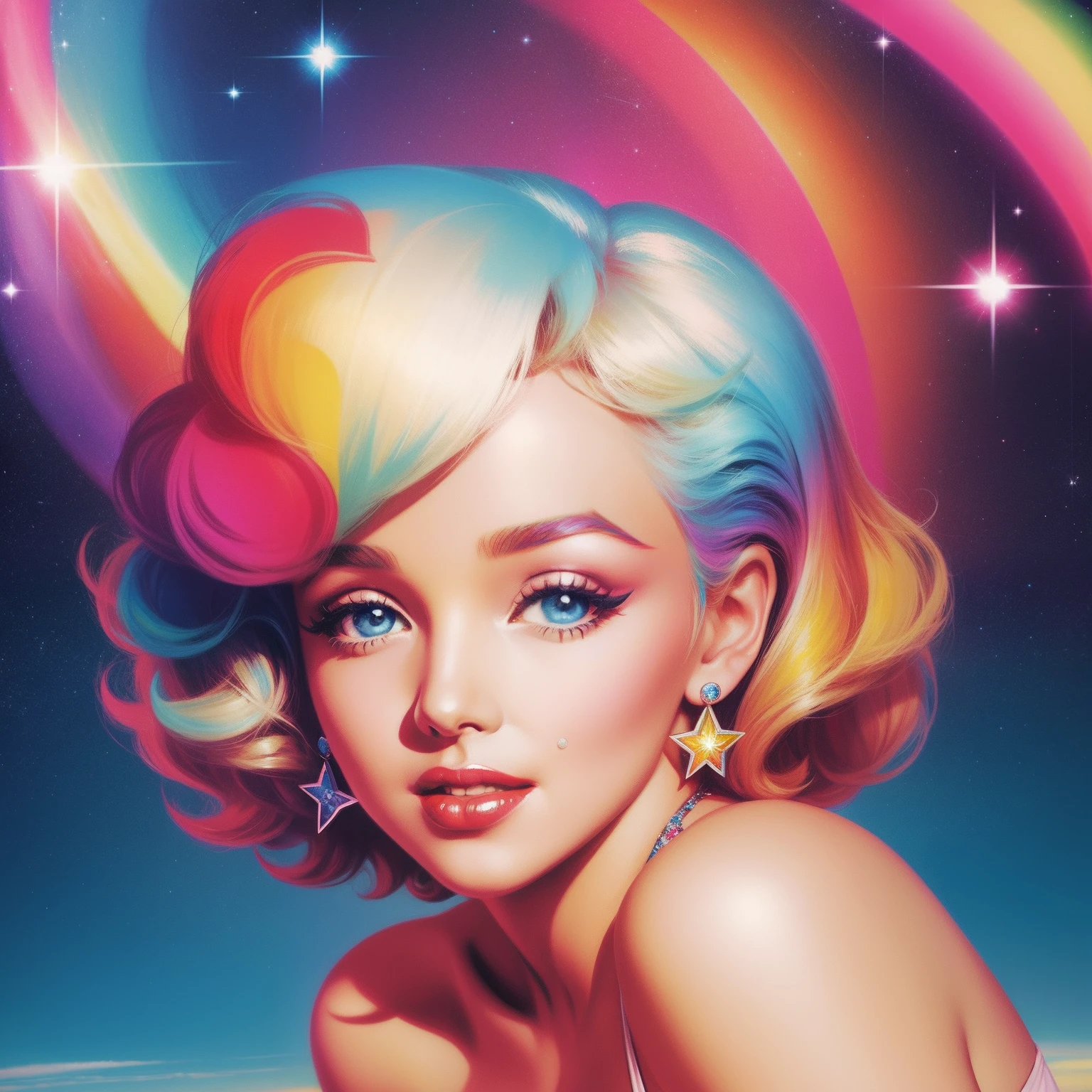 Marylin Monroe in the sky with diamonds, in the style of peter max