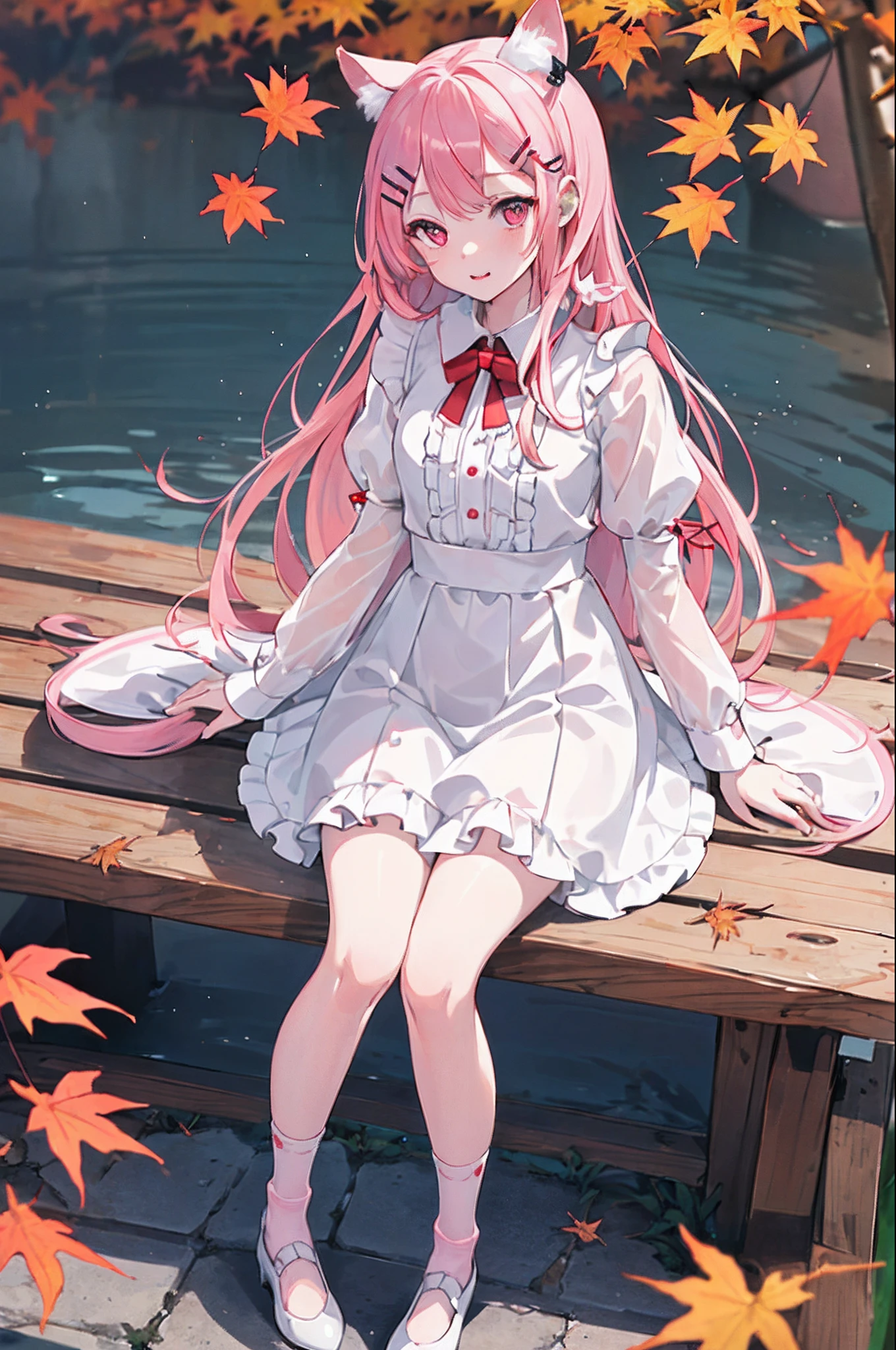 Masterpiece, Best Quality, Amazing, complex and refined details, very detailed cute illustrations, very detailed cute wallpapers, high resolution illustrations, whitebackground, full - body, Monochorm, 独奏, (Cute: 1.0), beautiful cute eyes, extremely cute face, long pink hair, pink eyes, (beautiful details eyes: 1.2), teenage girl, sitting, White_frilled_blouse, higher_body, cat ears, (wet clothing: 1.3), (cute red dress: 1.4), pink hair, maple_leaves, ankle socks, Shoes, cute movements, cute expressions, (Hands Behind Your Back: 1.1), (maple_ sheet_hairpin:1.4),