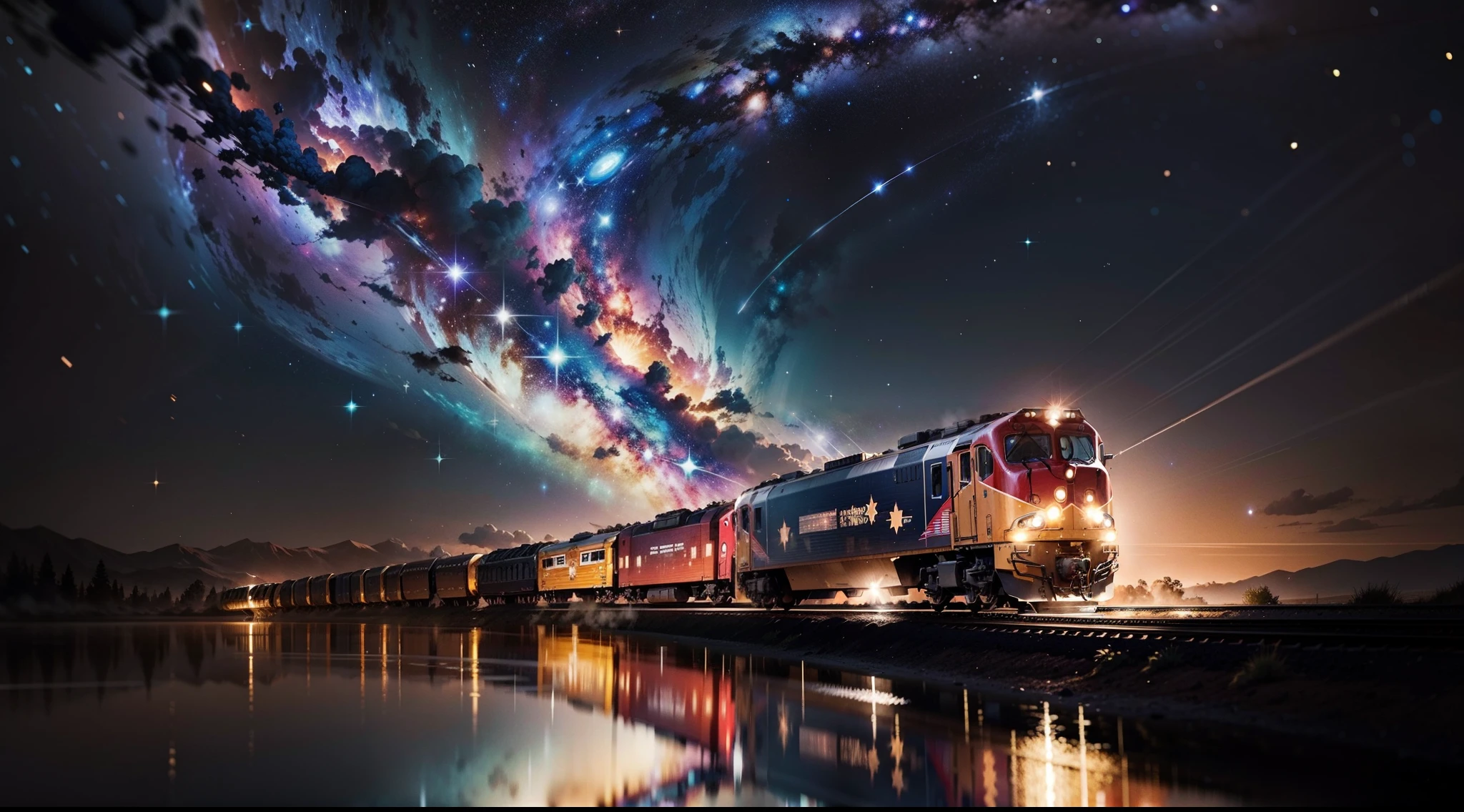 A train moving through the stars of the universe