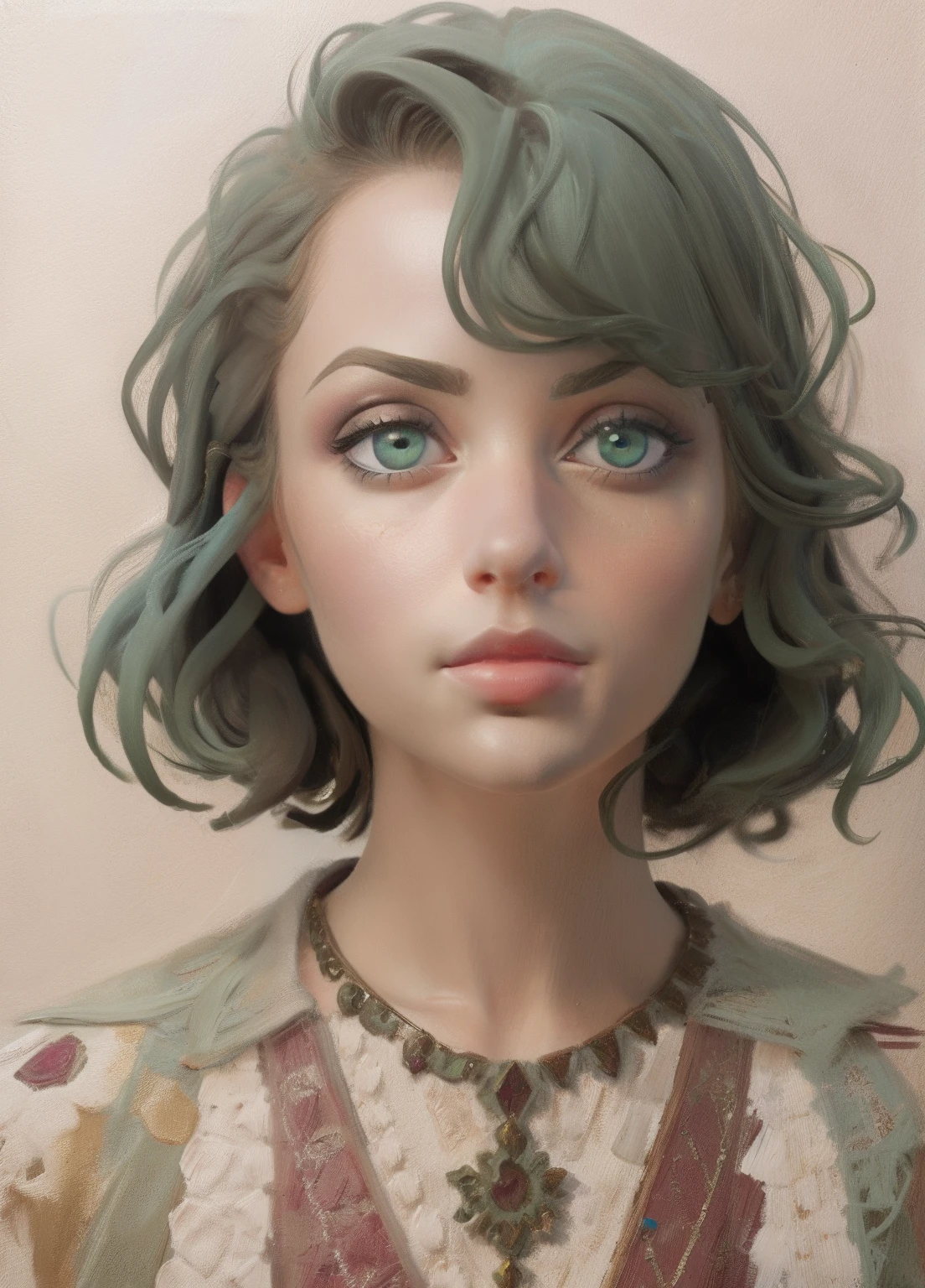 1girl, portrait, oil painting, modern, realistic proportions, dark green eyes, beautiful face, symmetrical face, symmetrical eyes, dynamic pose, intricate, intricate details, sharp focus