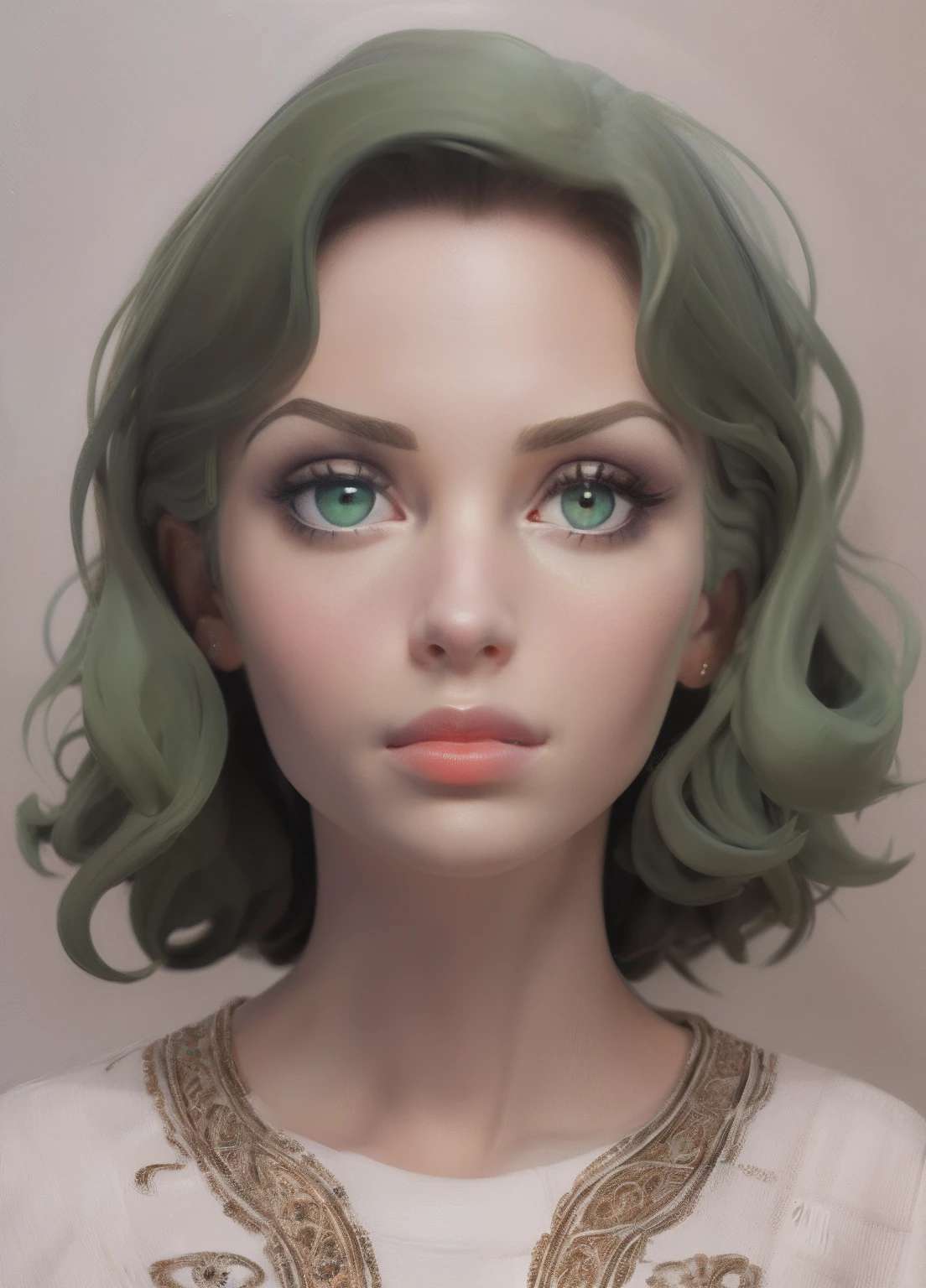 1girl, portrait, oil painting, modern, realistic proportions, dark green eyes, beautiful face, symmetrical face, symmetrical eyes, dynamic pose, intricate, intricate details, sharp focus