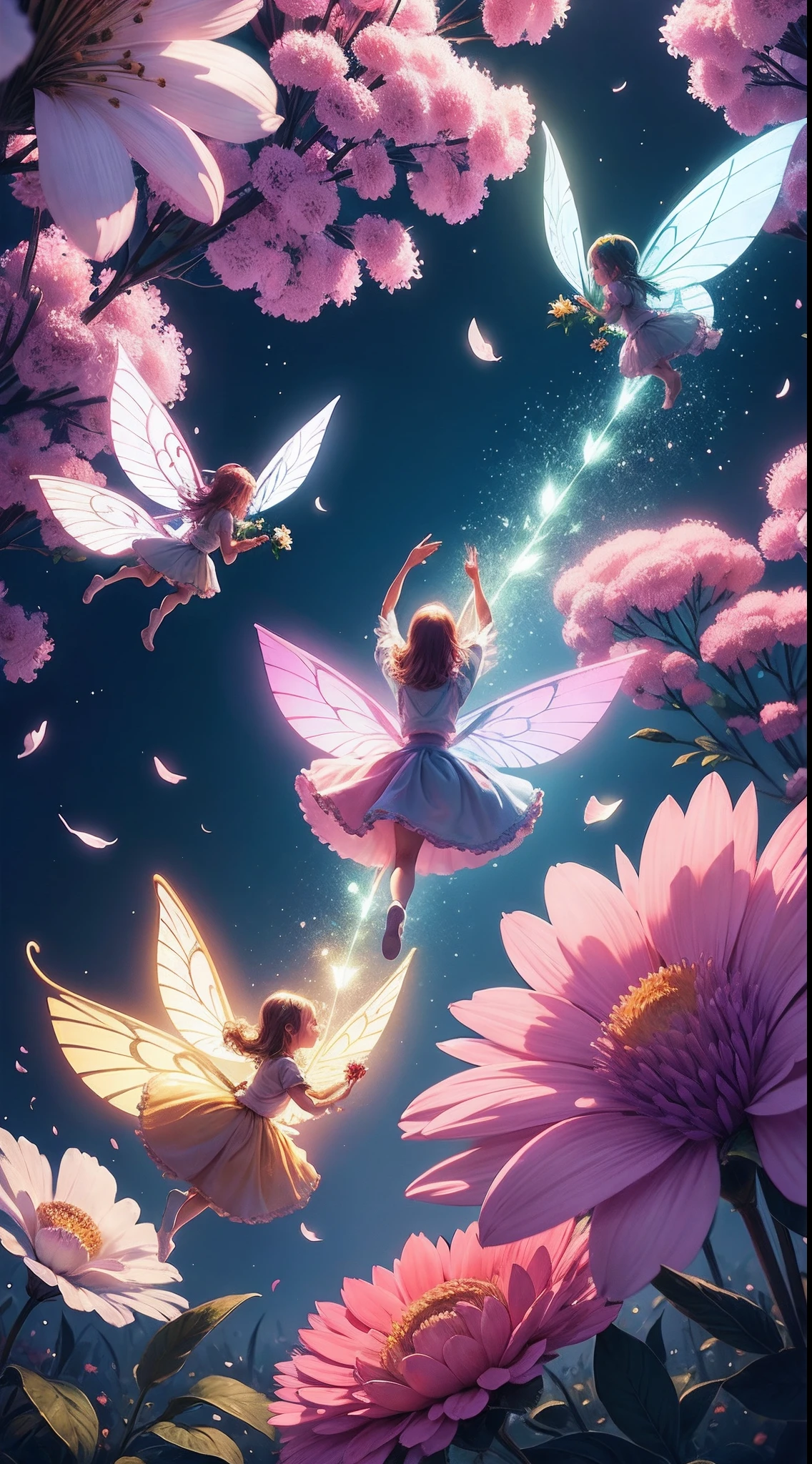 Girls and fairies with delicate wings, dancing, big rainbow as background, children's book illustration, 3d, whimsical, funny.