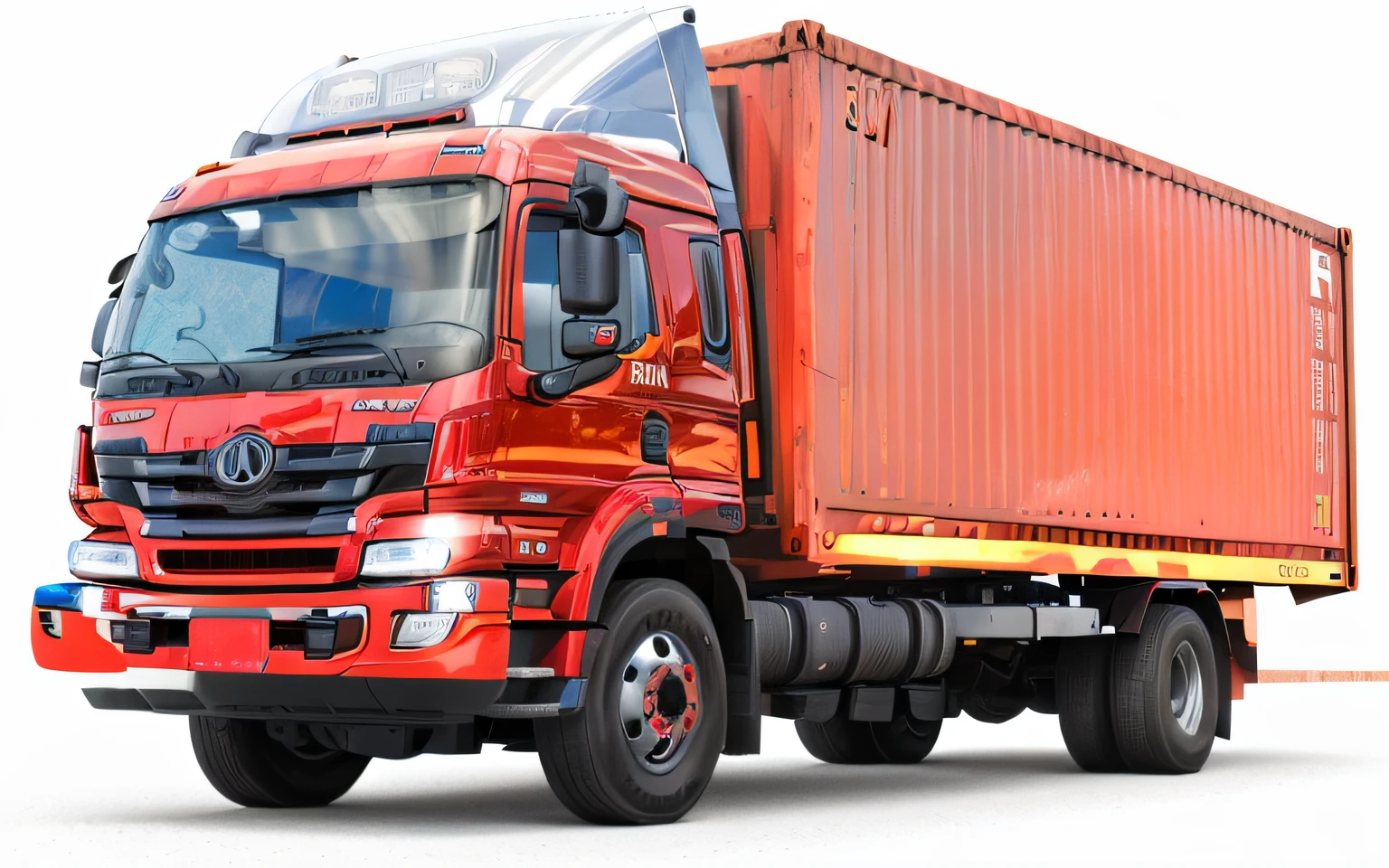 a close up of a truck with a red container on the back, truck, trucks, stretch, artistic render, by Robert Koehler, on a dark background, full front view, very high resolution, full device, vibrant and dynamic, 1128x191 resolution, crisp smooth lines, 3/4 front view, trending photo, teaser