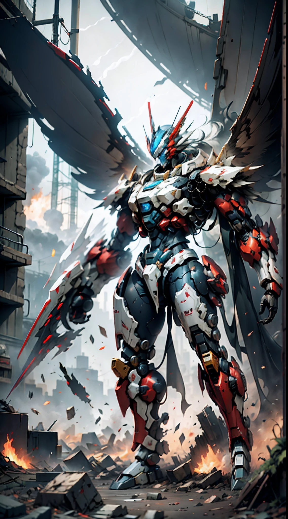 city ruins,The smoke and dust of war,massive wings,Red and white color matching male mecha,Combat posture,High quality Ultra HD