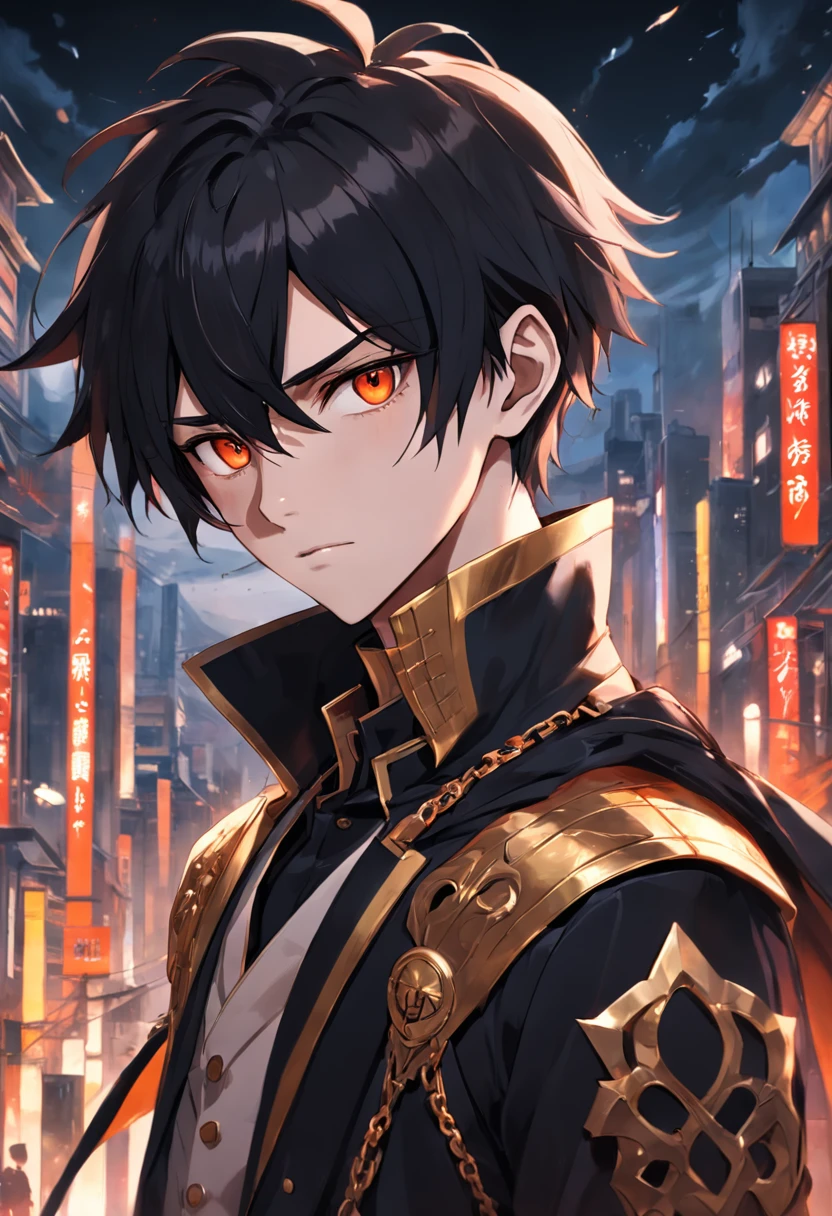 male people，19years old，Black color hair，short detailed hair，Crimson gold bangs，quadratic element，with fair skin，high and cold，The demons，Domineering，elite，Pointed face，Orange pupils，White whites of the eyes，Black blazer for men，golden trim，2D city background，pocketwatch，Impeccable