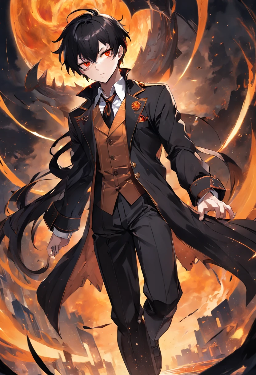 male people，19years old，Black color hair，short detailed hair，Crimson gold bangs，quadratic element，with fair skin，high and cold，The demons，Domineering，elite，Pointed face，Orange pupils，White whites of the eyes，Black blazer for men，golden trim，2D city background，pocketwatch，Impeccable