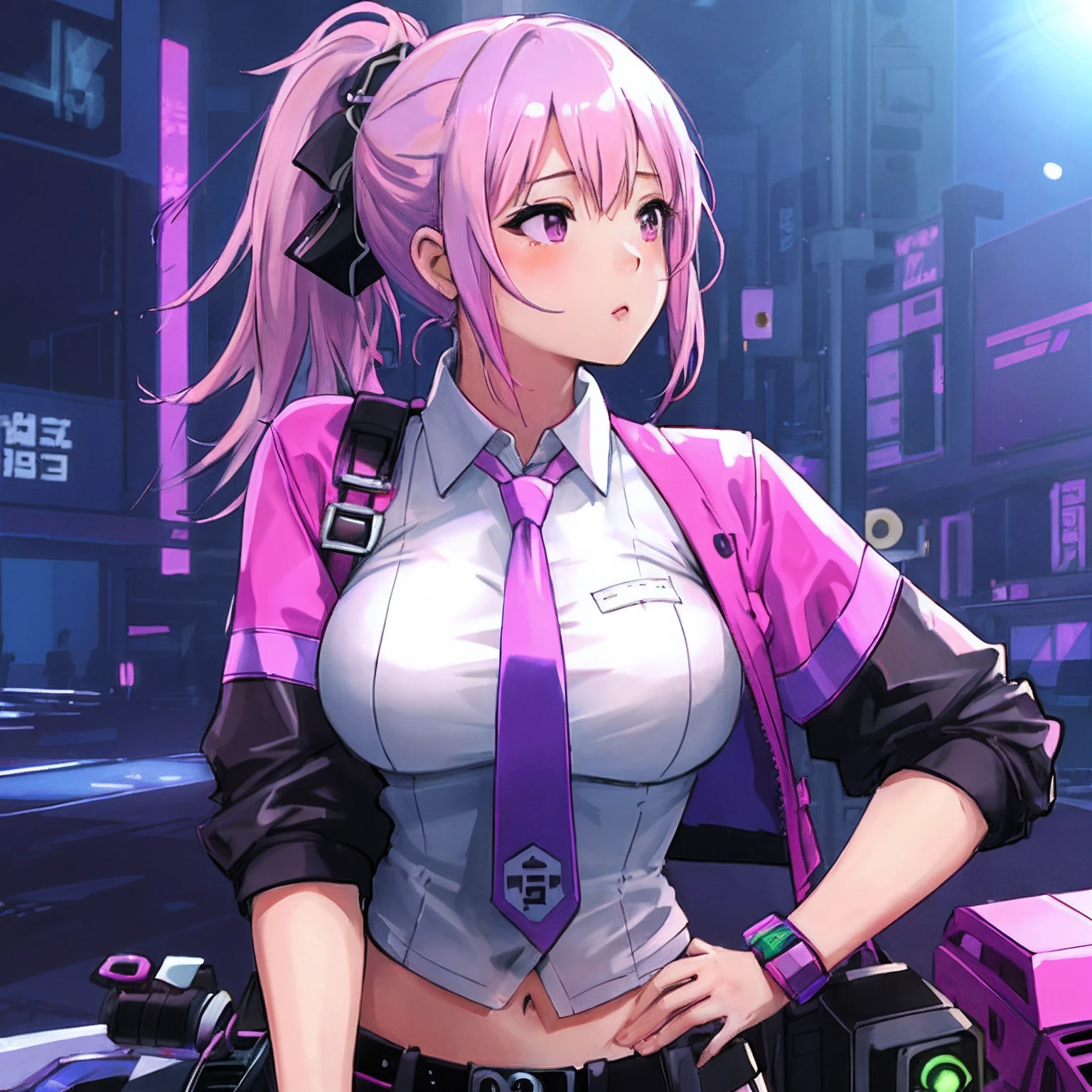 masterpiece, highest quality, realistic, subsurface scattering, chromatic lighting,
colorized, pink + white + purple + blue limited color palette, detailed concept drawing, line-art, illustration,
cyberpunk,
18yo 1girl, medium breasts,
extrovert,
ponytail hair,
punk outfit,
necktie,
metallic,
America,
mall,
sunny,
background