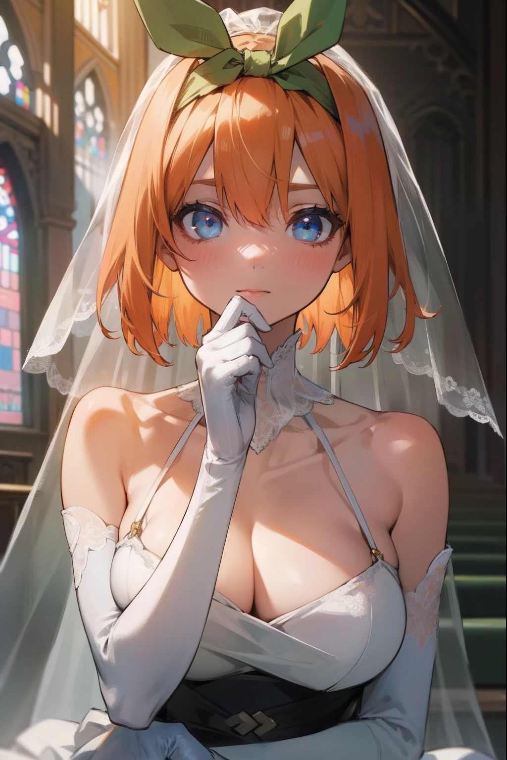 yotsubanakano, yotsuba nakano, bangs, short hair, blue eyes, hair between eyes, hair ribbon, hairband, orange hair, green ribbon,
BREAK gloves, dress, cleavage, bare shoulders, collarbone, elbow gloves, white gloves, white dress, strapless, tiara, veil, strapless dress, wedding dress, bridal veil,
BREAK indoors, church,
BREAK looking at viewer, BREAK (masterpiece:1.2), best quality, high resolution, unity 8k wallpaper, (illustration:0.8), (beautiful detailed eyes:1.6), extremely detailed face, perfect lighting, extremely detailed CG, (perfect hands, perfect anatomy),