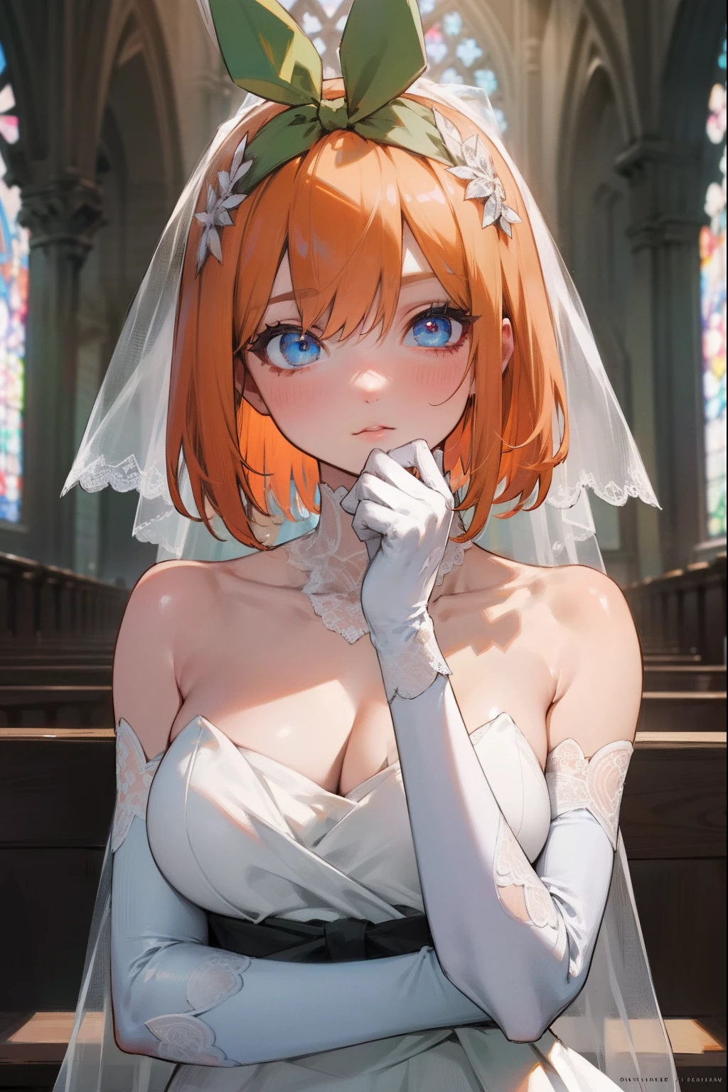 yotsubanakano, yotsuba nakano, bangs, short hair, blue eyes, hair between eyes, hair ribbon, hairband, orange hair, green ribbon,
BREAK gloves, dress, cleavage, bare shoulders, collarbone, elbow gloves, white gloves, white dress, strapless, tiara, veil, strapless dress, wedding dress, bridal veil,
BREAK indoors, church,
BREAK looking at viewer, BREAK (masterpiece:1.2), best quality, high resolution, unity 8k wallpaper, (illustration:0.8), (beautiful detailed eyes:1.6), extremely detailed face, perfect lighting, extremely detailed CG, (perfect hands, perfect anatomy),