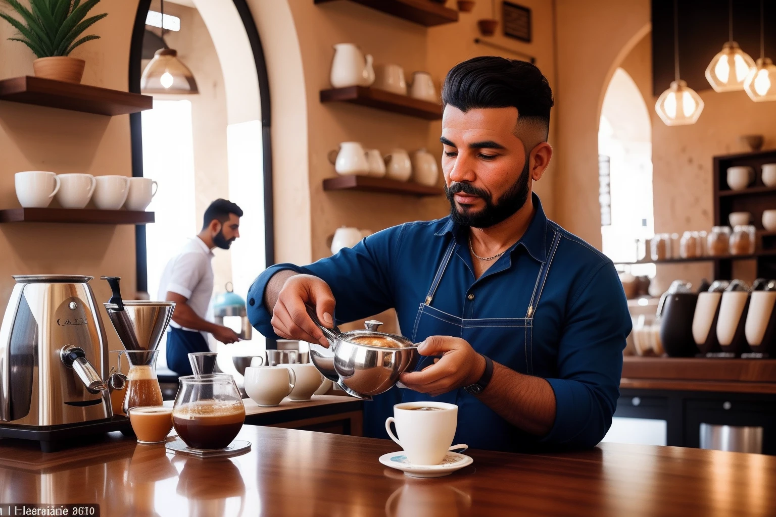 Year: 2023
Country: Libya
Description: At a stylish cafe in Tripoli, a skilled barista prepares traditional Libyan coffee for a group of friends. The café's vibrant decor and the barista's precision in crafting each cup reflect the harmonious blend of modernity and tradition.