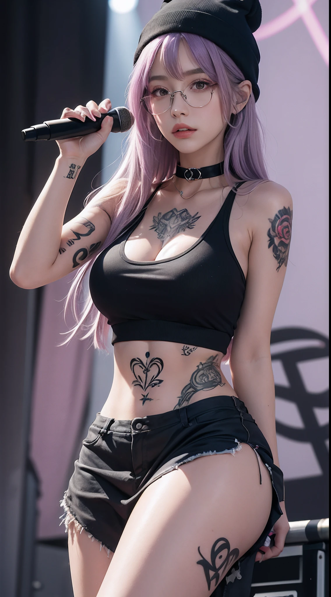 "A 20-year-old girl with large breasts, wearing a black tank top and a white beanie. She has long and light purple hair with bangs, red eyes, and glasses. (Tattoos with a large area of the whole body,tattoos on the arms,Tattoo on the chest,leg tattoos), She is wearing a choker and is (singing on a music stage with a metal ambience.")