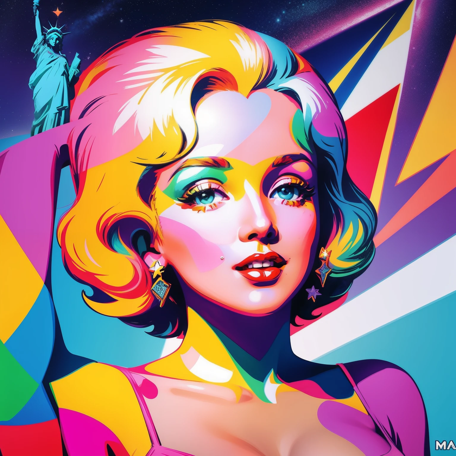 Marylin Monroe in the sky with diamonds, Statue of Liberty in the style of peter max