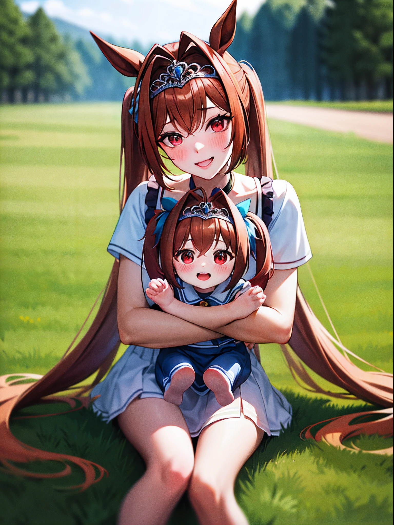 ​masterpiece,top-quality, Mother and child photo，{{{Daiwa Scarlet \Umamusume}}}，{{{Twin-tailed}}}，very long twintails，{{{Marl}}}，red brown hair，tiarra，{{{Tiara on the head}}}}，red blush，Red Eye，Look at viewers，{{Happy face}}，{{{Very big}}}，{{{Subjects with children}}}，grass field