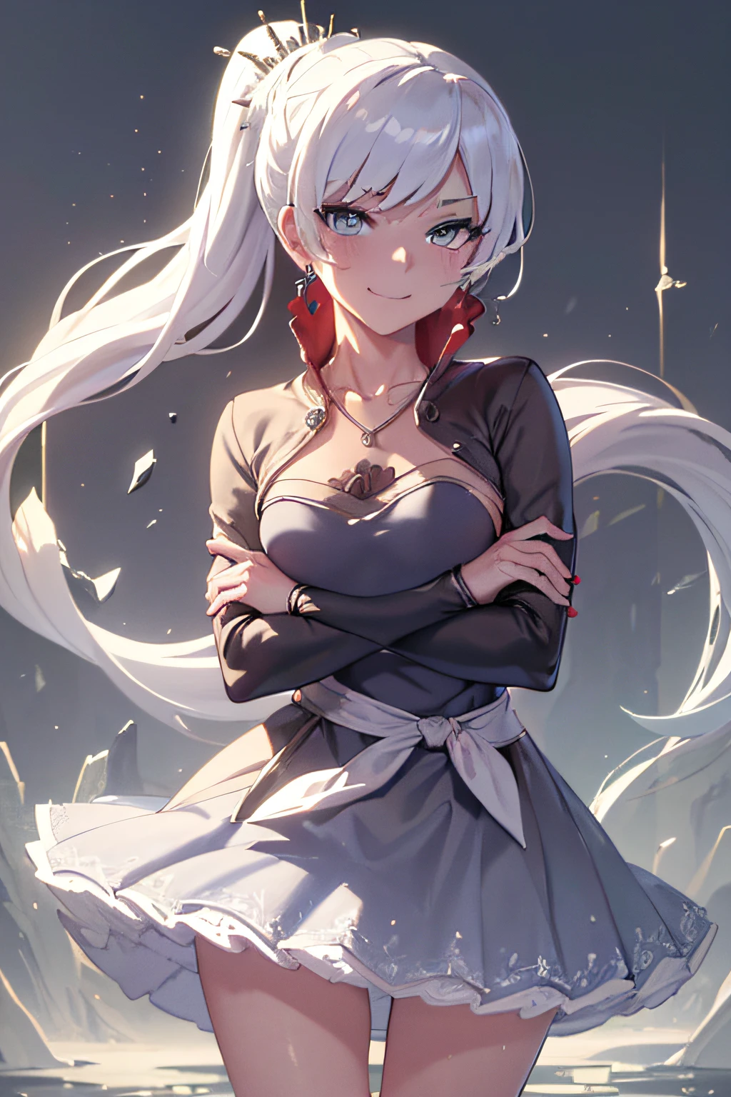 (Masterpiece, Best Quality:1.2), Cowboy shot, 独奏, 1girl, white colored hair, Vaisvale, smile, closed mouth, looking a viewer, crossed arms, pony tail, scar across eye, white long shirt, Jewelry, necklace, earrings, small-breasts, slim thighs, Spacer frame, steam, (Shards of ice, Sex), glistering slap, Wet, the sweat,