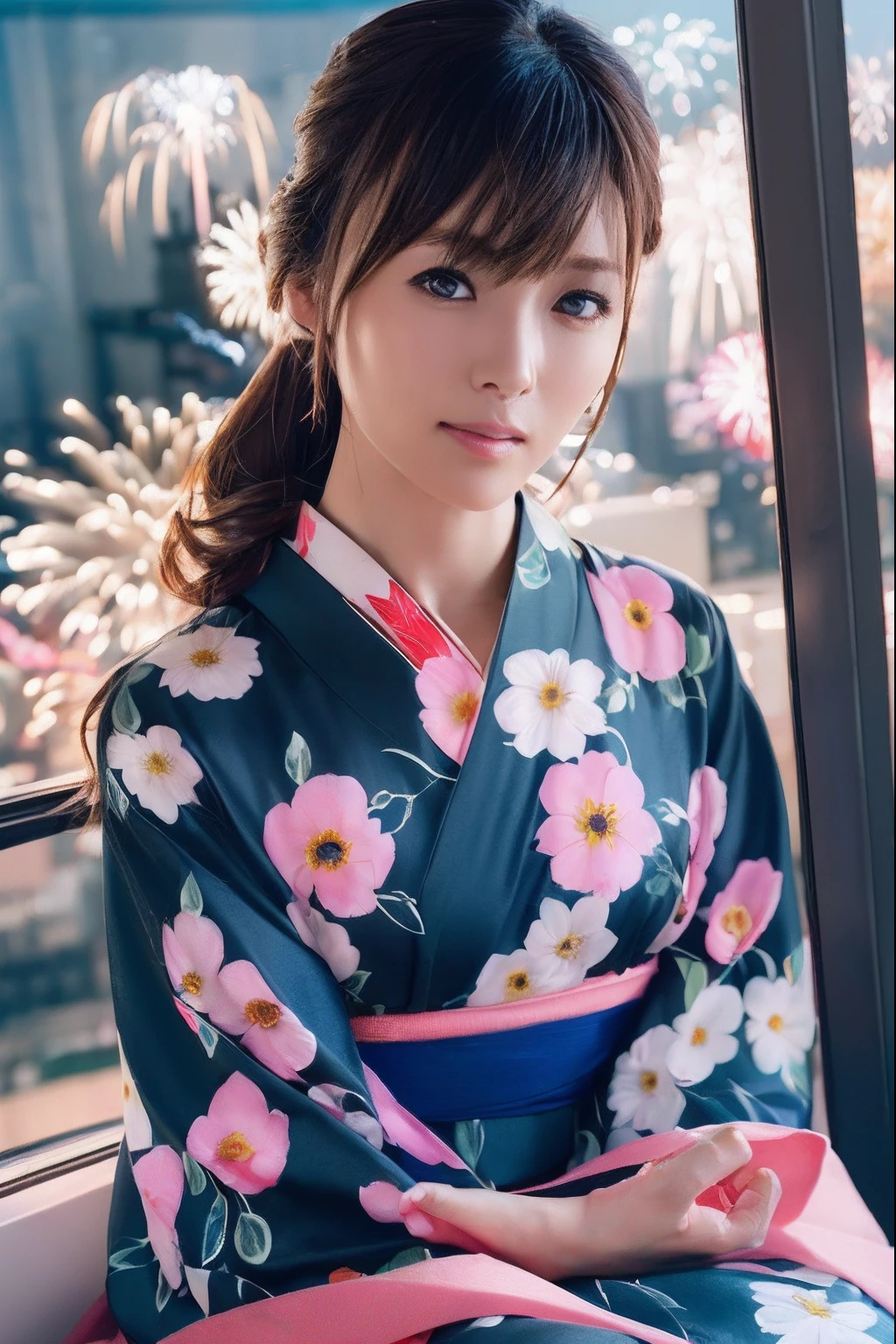 (masutepiece:1.3), High resolution, ultra-detailliert, the Extremely Detailed CG Unity 8K Wallpapers, Realistic, Photorealsitic, Raw photo, beautifull detailed face, pale skin, realistic glistening skin, Detailed Cloth Texture, detailed hair texture, Perfect body, Beautiful face, acurate, Anatomically correct, Highly detailed face and skin texture, Natural neck length, (Beautiful hands), Fair skin, (Aligned teeth:1.1), (Sweaty skin:1.3), ((Dim lighting:1.2)),
BREAK,
Detailed eyes, symmetrical eye, Light brown eyes, Double eyelids, Thin eyebrows, (Tearful eyes:1.1), (Glossy lips:1.4), ((Face waiting for a kiss:1.2)), (blush:1.1), (Small hair accessories that sparkle:1.1),
BREAK,
(Beautiful Woman 1.3), (Wearing a navy blue yukata:1.2), (The yukata has a floral pattern painted on it...:1.2),
BREAK,
medium large breasts, Slender figure, Firm abs,
((up do hairstyle, Dark blonde hair, Wavy Hair, Long hair, asymmetric bangs:1.2)), (Close Up Shot:1.2),
((Look at me with upturned eyes:1.2)), (Focus on Face:1.2), From above,
BREAK,
((Sitting side by side in the back seat of a helicopter in flight:1.1)), (((Landscape with lots of colorful fireworks outside the window at night:1.3))),