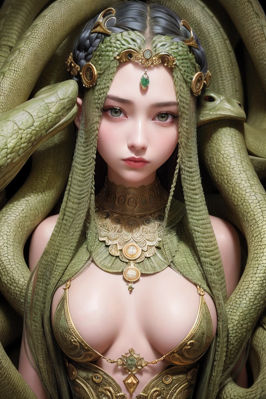 Masterpiece, best quality, portrait of 1girl, Medusa, hair is composed of countless small snakes, green eyes, female face, metal carved top, king momentum, trends on artstation, sharp focus, studio photos, intricate details, very detailed, detailed eyes, illustration, very detailed, clear focus, digital rendering, professional, 4k