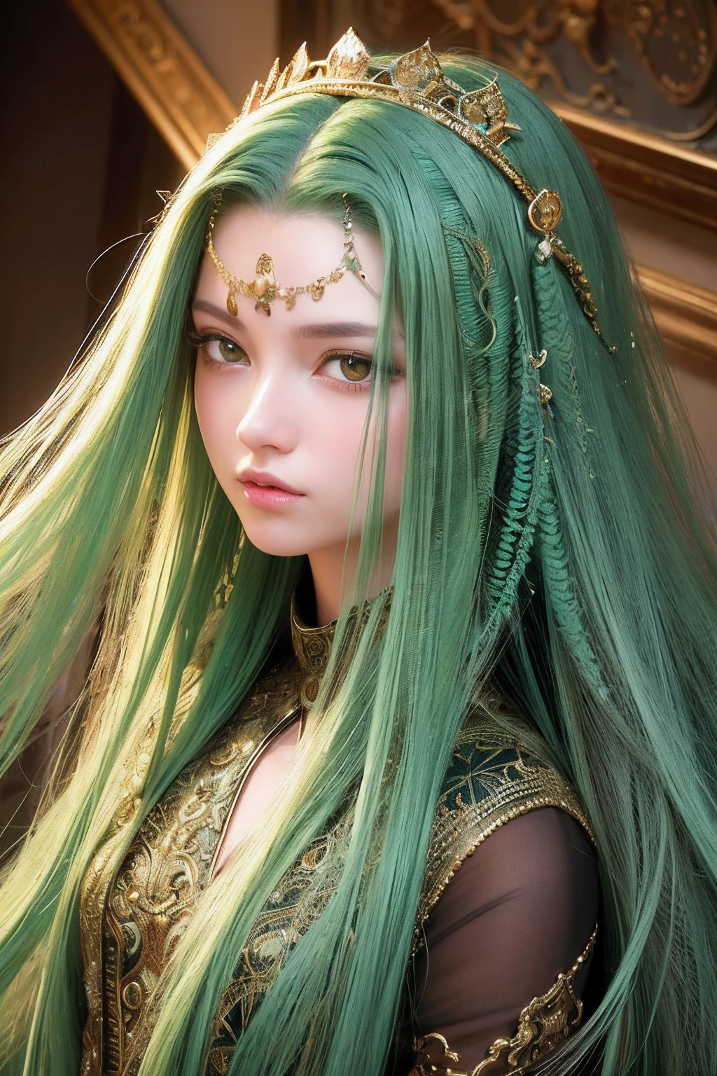 A close up of a woman with green hair and a crown - SeaArt AI