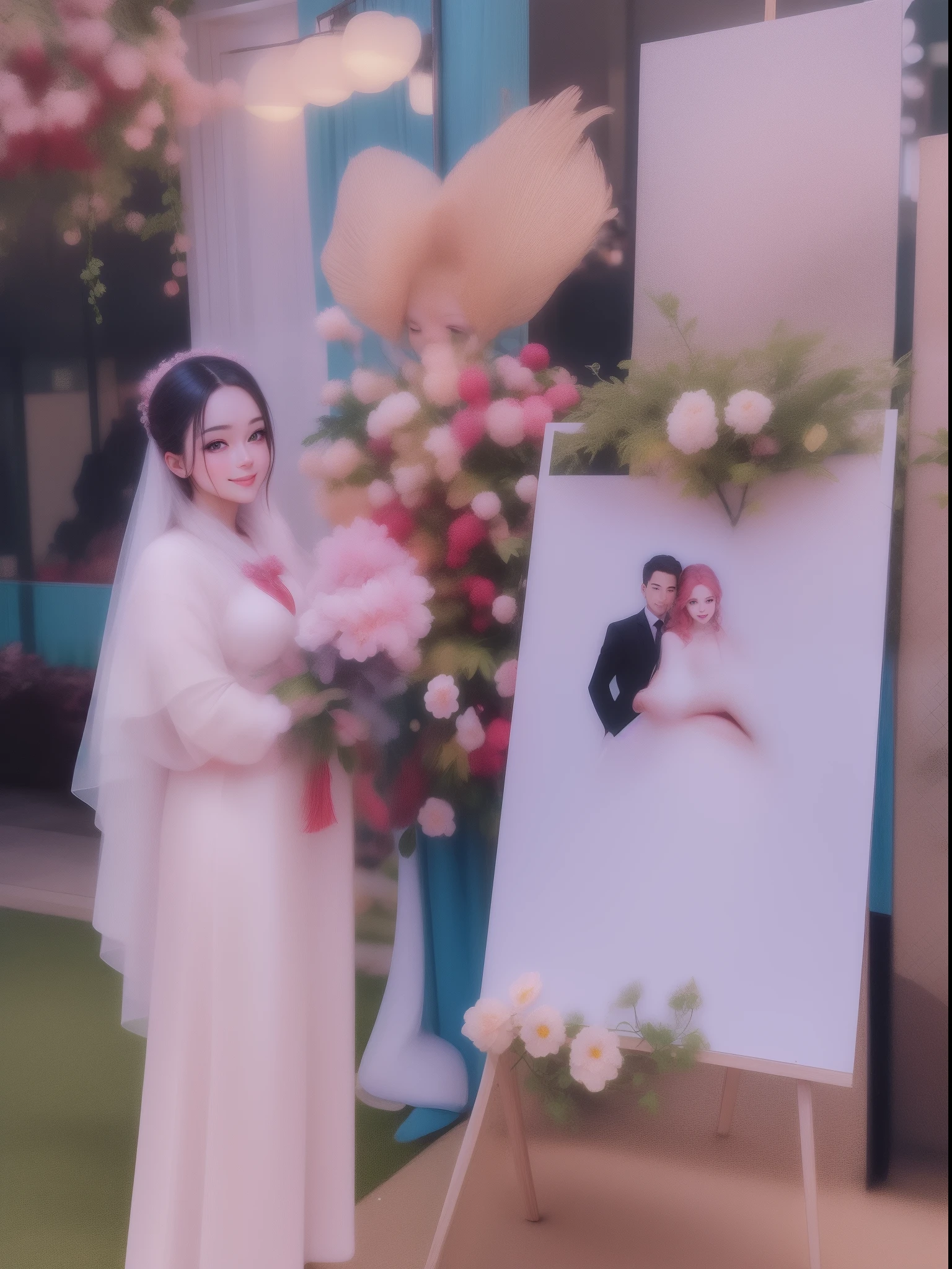 Realistic anime, Colorful Anime、the color of the dress or the color of the clothes is as advertised in professional magazines, Hair style metallic red or green nuggets, iridescent eyebrows, beautiful glitter, attractive curves, smiling shyly, dimpled cheeks, genuine, shy smile, dimpled cheeks, bright red lips, bright scene, background bokeh, candy green tree lines, white human skin, bright, realistic face, like a professional portrait, DSLR.