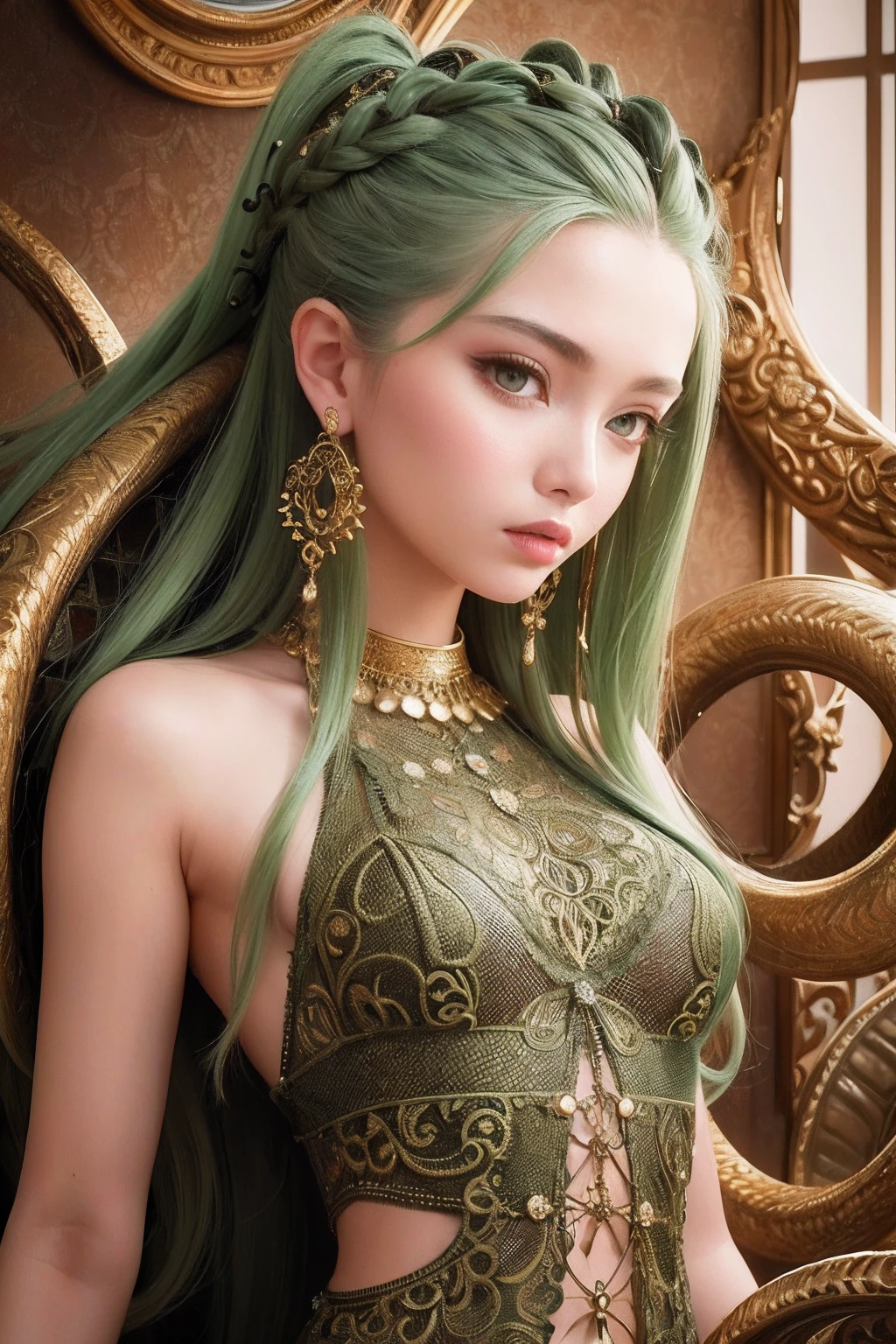 Masterpiece, best quality, portrait of 1girl, Medusa, hair is composed of countless small snakes, green eyes, female face, metal carved top, king momentum, trends on artstation, sharp focus, studio photos, intricate details, very detailed, detailed eyes, illustration, very detailed, clear focus, digital rendering, professional, 4k