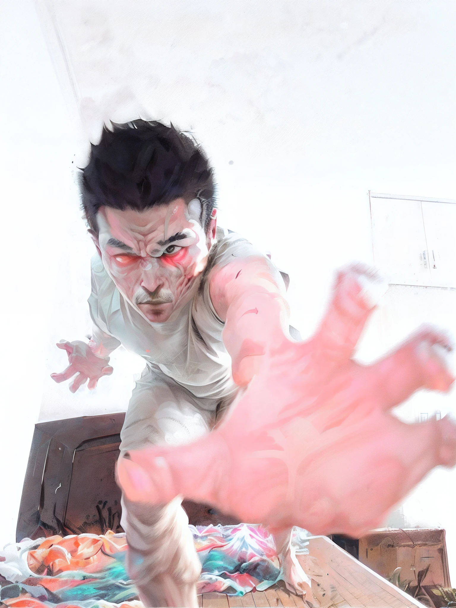 Someone reached out and grabbed a person's hand, wave a hand at the camera, perpendicular to the camera, inspired by Ding Yunpeng, insane action pose, extreme foreshortening, hero action pose, in an action pose, distorted pose, author:vivy, forced perspective, wide angle dynamic action shot, xintong chen, wenjun lin
