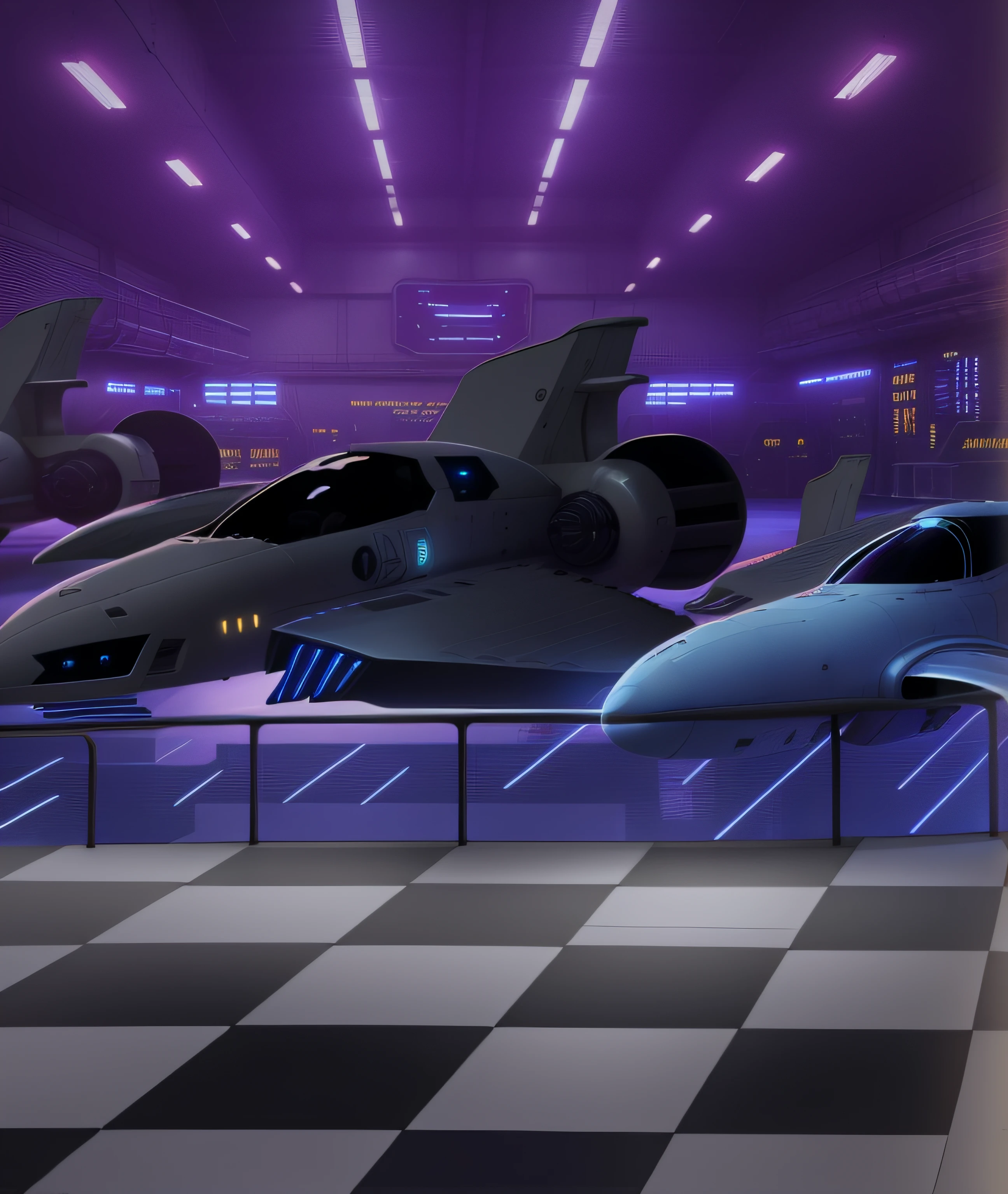 Anime scene of three futuristic vehicles in a garage with a checkered floor, una valla de cristal y detras de ella naves espaciales estacionadas, Hangar de naves espaciales, art deco outrun anime aesthestic, Fondo del pasillo de la nave espacial, Dentro del hangar futurista, Nave espacial cyberpunk de fondo, Nave espacial en el fondo, Fondo oscuro del hangar, Naves espaciales retro estacionadas afuera, en una arena futurista, VA-11 Hall-A, Futuristic production plant, escena epica