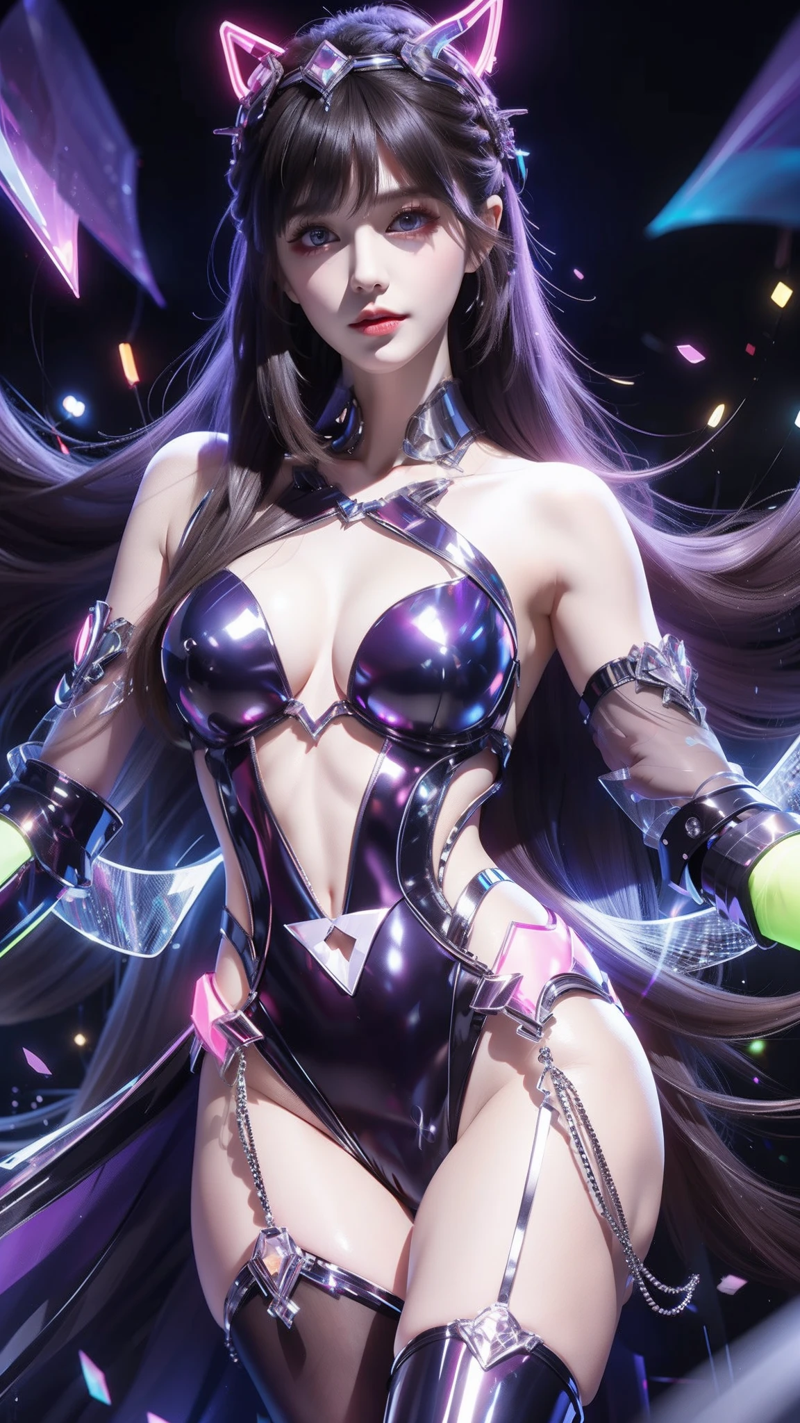 4k ultra hd, masterpiece, high detailes, a girl, cute face, detailed eyes, long hair, detailed lips, medium breasts, purple neon lights on dress, cyberpunk purple dress, purple neon lights connected on dress, neon lights on breasts, bare waists, electric current effect, glowing dress, direct-x 2.0 visual effect, very high graphics night lights, spreading lights, light reflection, light reflection on road, light reflection on body, everywhere spreading lights, neon lights, whole body capture,