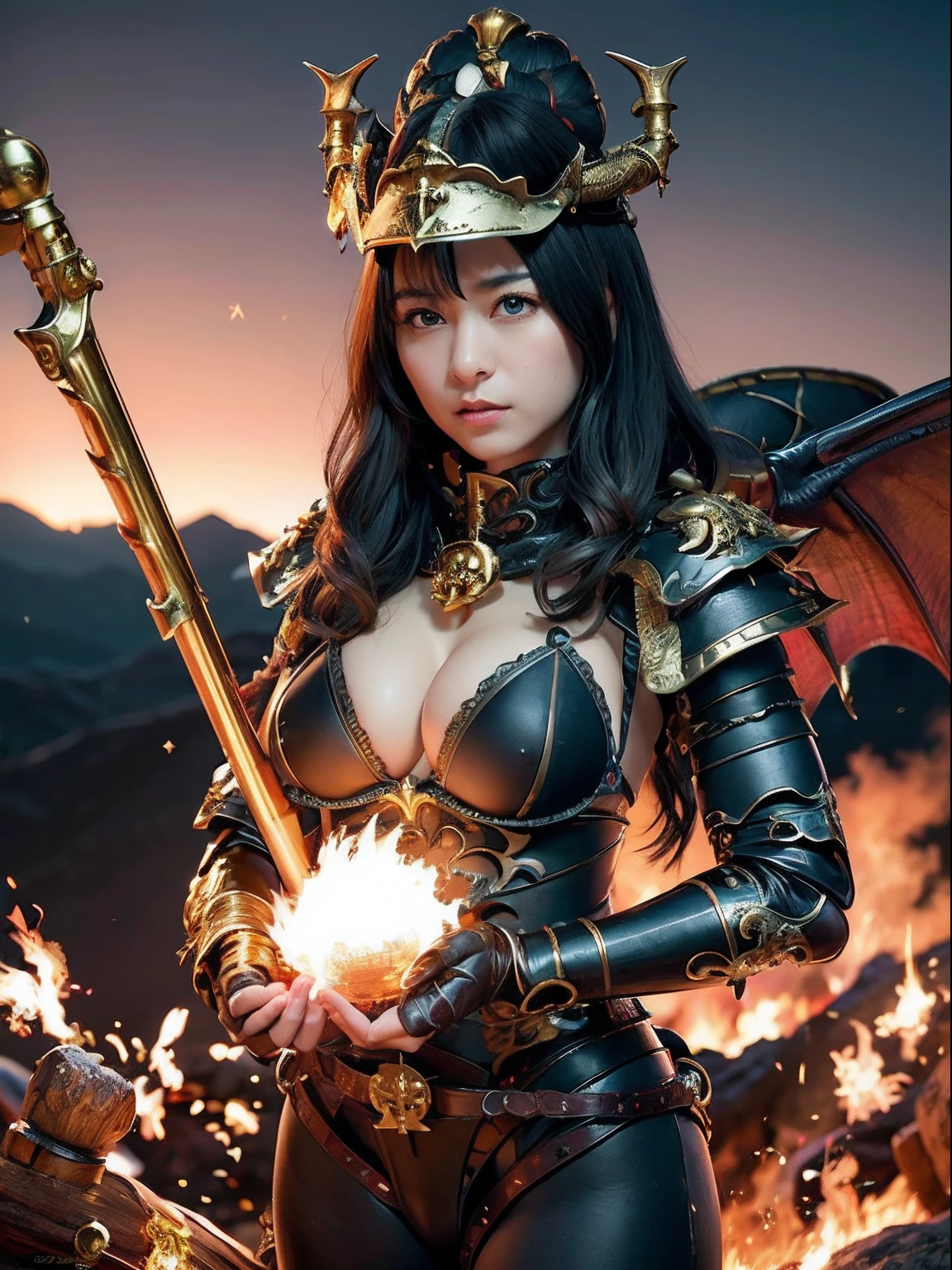 Professional , masterpiece、top-quality、photos realistic , depth of fields 、(Dragon Black Metal Body:1.9),(Matte Blue Black、(cleavage of the breast)、Dragon Gold Weapon、(Micro Bikini Armor:1.4),Gorgeous gold weapons ,(( Dragon's dense and gorgeous sword)) , (demonic wings) ,Detail and gorgeous crown、((a blond))、(Castle background)、((Gangle's forest background))、Beautiful Caucasian beauty、1a person、dynamic ungle,(((Detailed and ornate dragon helmet)))、Smaller head、A smile、Castle background、Thin and beautiful female hands、cleavage of the breast、Soldier in iron armor on background、Mystical expression、Light Effects、intense fighting、Wind-effect、magic circles、With the legendary magic wand、Dragon's tail、explosions、