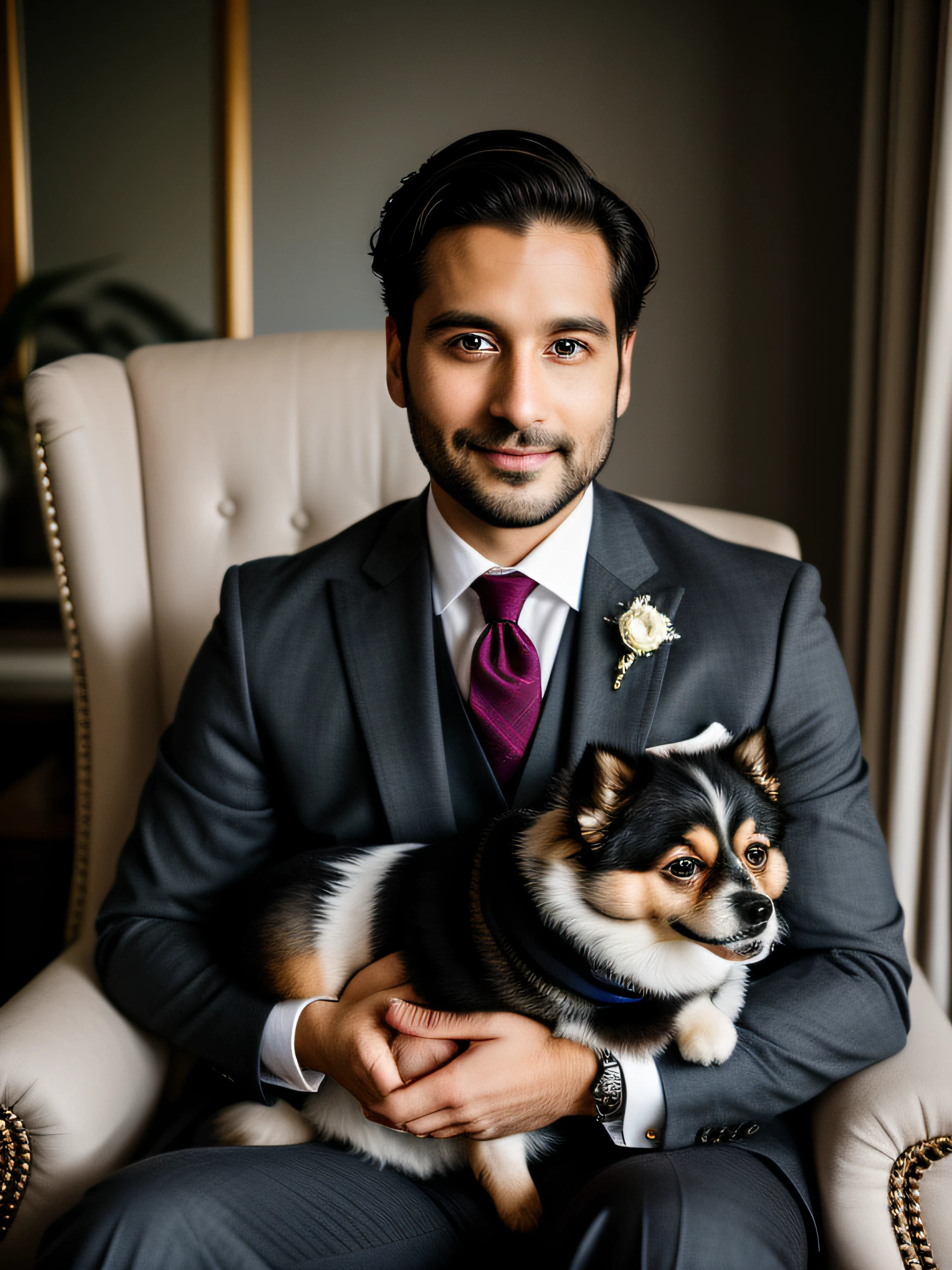 A distinguished 35-year-old gentleman seated elegantly on a vintage armchair, gently caressing a small, fluffy dog in his lap. He is wearing a tailored charcoal gray suit with a deep burgundy tie and a perfectly folded pocket square. The man's salt-and-pepper hair is neatly combed, and he exudes an air of refined charm and confidence. The dog, a tiny Pomeranian, rests comfortably in his arms, its fur reflecting a soft, warm glow under the gentle ambient light. The details of the man's well-groomed beard, the intricate stitching of his suit, and the playful sparkle in the dog's eyes are captured with meticulous realism. Photographic, captured with a high-resolution full-frame DSLR using a 50mm prime lens, f/2.8 aperture for a shallow depth of field, --ar 4:5 --v 5