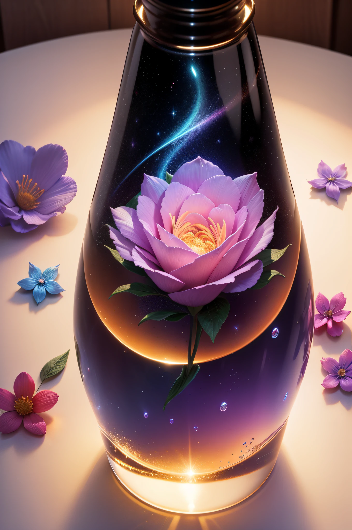 flor de cristal, fantasia, galaxy, transparente, cintilante, cintilante, shining, colorido, magic photography, lighting dramatic, Foto realism, ultra-detalhado, 4k, profundidade de campo, alta resolução