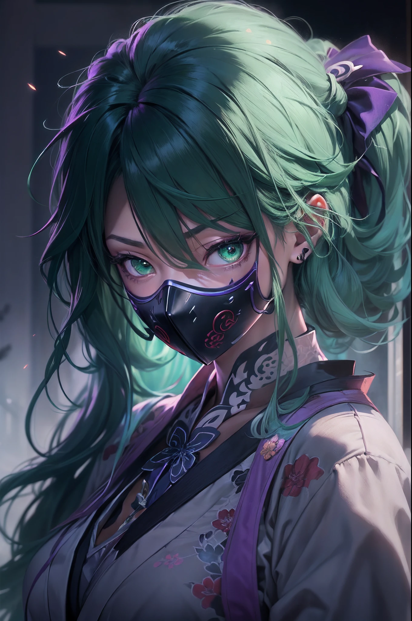 (a beautiful assassin girl), walk toward from the fog, (takes of her mask of hannya from her face), and holds a short Japanese dagger, short ponytail, (green hair),(gradient eye colors), bright and clear eye, (detail face), purple and green eyes, (nocturnal clothes without sleeves), black short nocturnal skirt, the dagger reflecting the lighting, Japanese shrine in the fog, rapid lighting around, purple and dark blue lighting, anime style, cinematic lighting, ray tracing, reflection light, first-person view, atmospheric perspective, masterpiece, accurate, ((best quality)), high quality, super detail, high details, anatomically correct, highRes, UHD