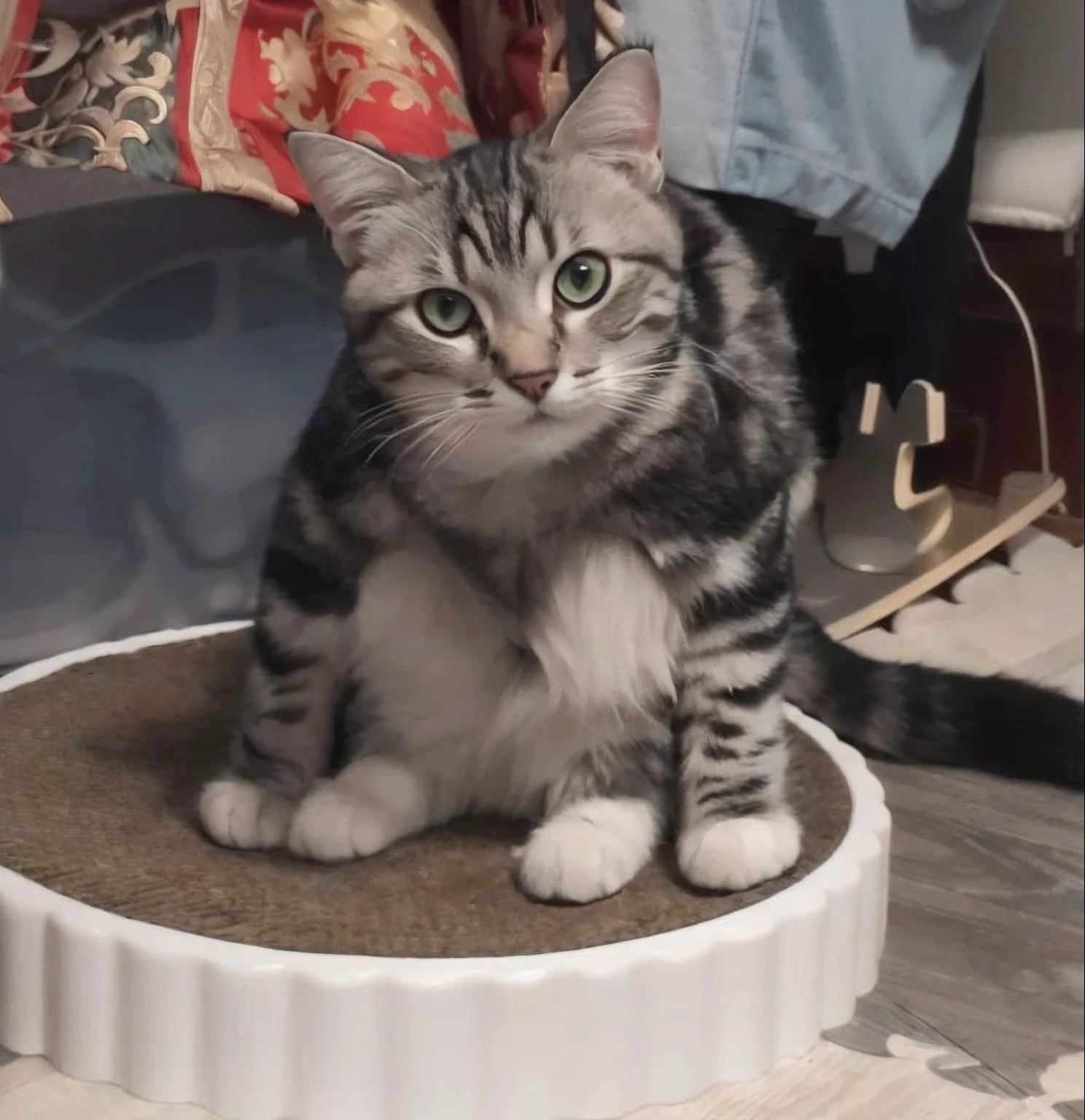 There was a cat sitting on the cat bed in the room, proud look, doing a majestic pose, doing a sassy pose, there is full bedpan next to him, sat in his throne, Very handsome, sitting down casually, Looking confused, on a marble pedestal, proud looking away, A handsome, regal pose, Sora as a cat