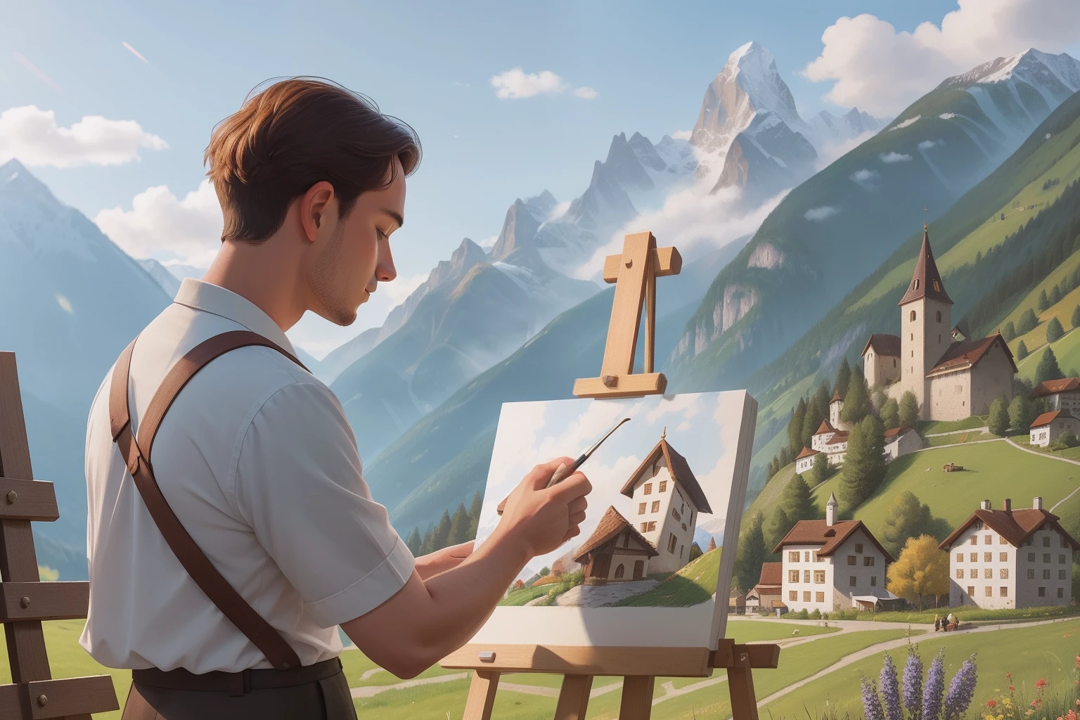 Year: 2023
Country: Liechtenstein
Description: Against the backdrop of the majestic Alps, a young artist sketches the picturesque landscape on an easel. The sunlight casts a warm glow on the scene, creating a serene ambiance that perfectly complements the artist's creative focus.