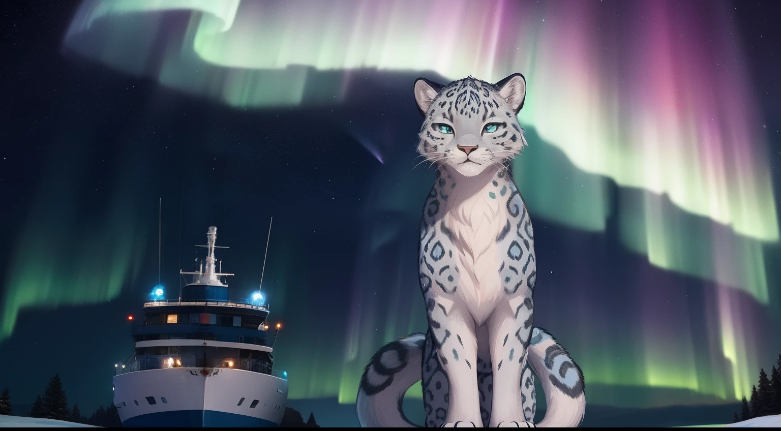 Furry mascot，Standing furry，Handsome and furry，The male，Furry Fur，Standing furry fur，Furry snow leopard，Standing snow leopard，Lovely image，snow leopard，Cute furry，Large icebreakers，Research station，Snow leopard on ice，Beautiful aurora，Look at the aurora, Long, Fluffy tail，In the Arctic，The ship is brightly lit，，is in night，nigh sky, Winters，stars，Close-up of cute characters