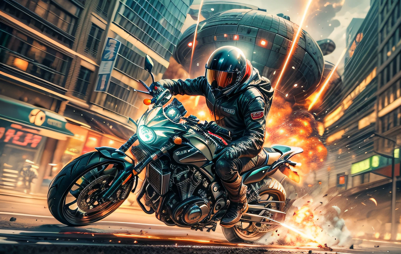 a motorcycle rider driving away from the invasion of an alien spaceship emitted by a laser, amazing explosions on city streets, volumetric lighting