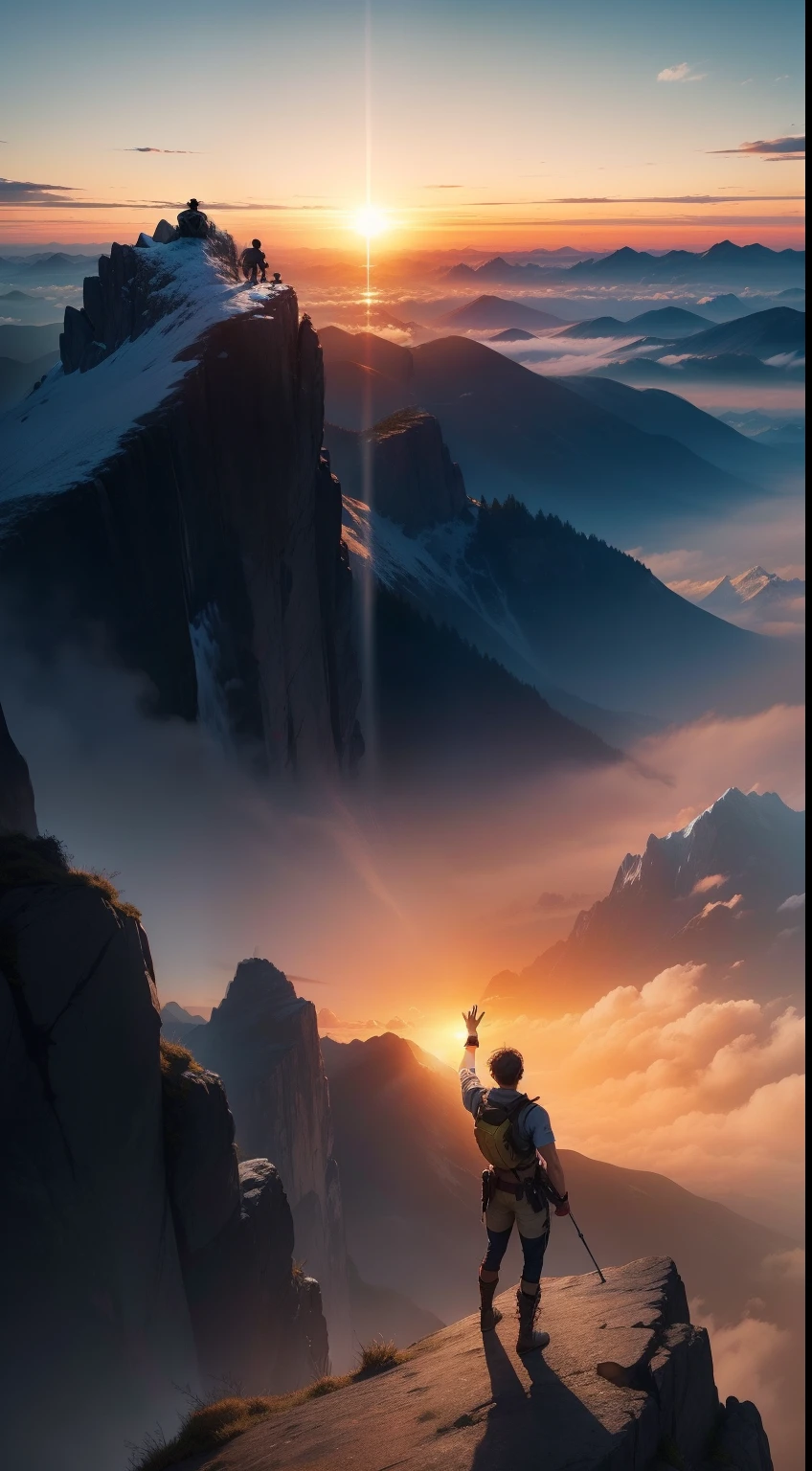 An image capturing the exhilarating moment of a person standing on a mountaintop with arms outstretched, basking in the golden glow of the rising sun, as the vast, breathtaking landscape stretches out before them