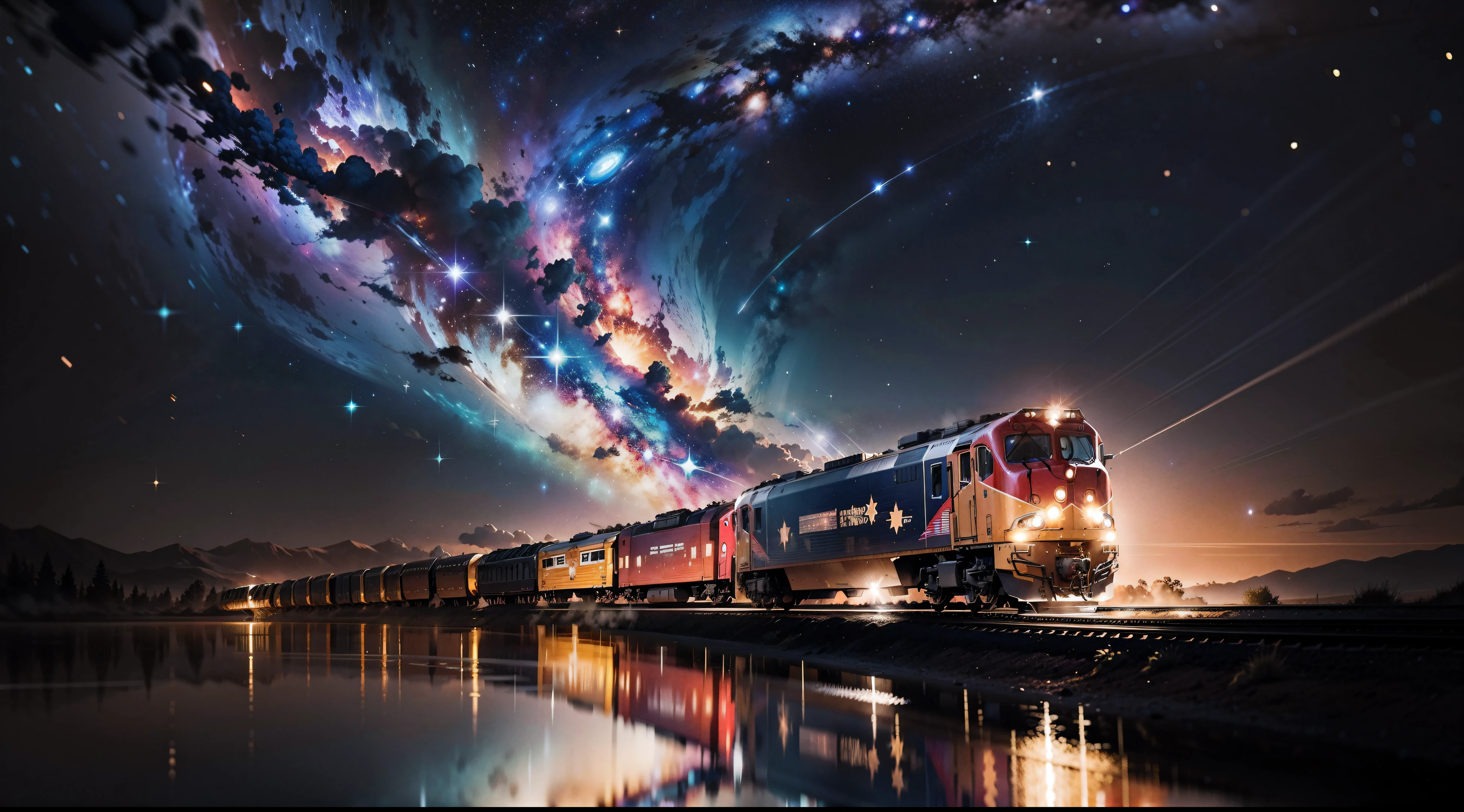 A train moving through the stars of the universe