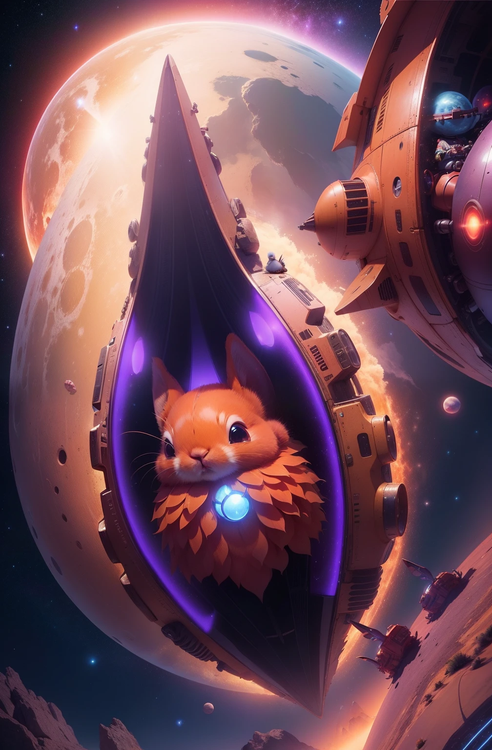 a fluffy red space-bunny, wearing high-heals, helmet off lands on a desert planet, her spaceship looks like a sunflower seed, there is a faint blue Saturn-like planet in the evening sky, all the stars are out in the purple orange alien sky, strange small trees adorned with colorful seed pods chime and jingle, winds blow the musical sounds to our bunnies perked ears, small creatures scurry among the rocks, colorful bird-like creatures fill the sky, an alien civilization is seen on the distant horizon, small lakes and streams pool nearby, 64k resolution, photorealism, hyperdetailed, in the style of pinup art