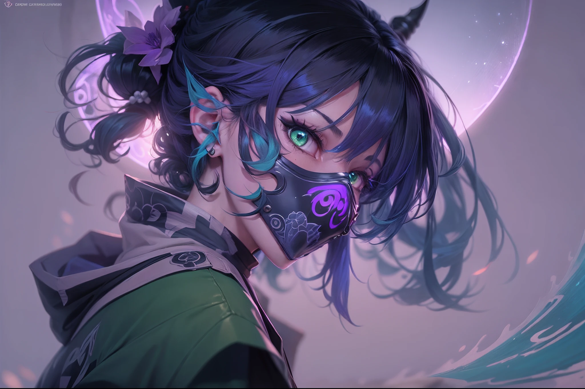 (a beautiful assassin girl), walk toward from the fog, (takes of her mask of hannya from her face), and holds a short Japanese dagger, short ponytail, (green hair),(gradient eye colors), bright and clear eye, (detail face), purple and green eyes, (nocturnal clothes without sleeves), black short nocturnal skirt, the dagger reflecting the lighting, Japanese shrine in the fog, rapid lighting around, purple and dark blue lighting, anime style, cinematic lighting, ray tracing, reflection light, first-person view, atmospheric perspective, masterpiece, accurate, ((best quality)), high quality, super detail, high details, anatomically correct, highRes, UHD