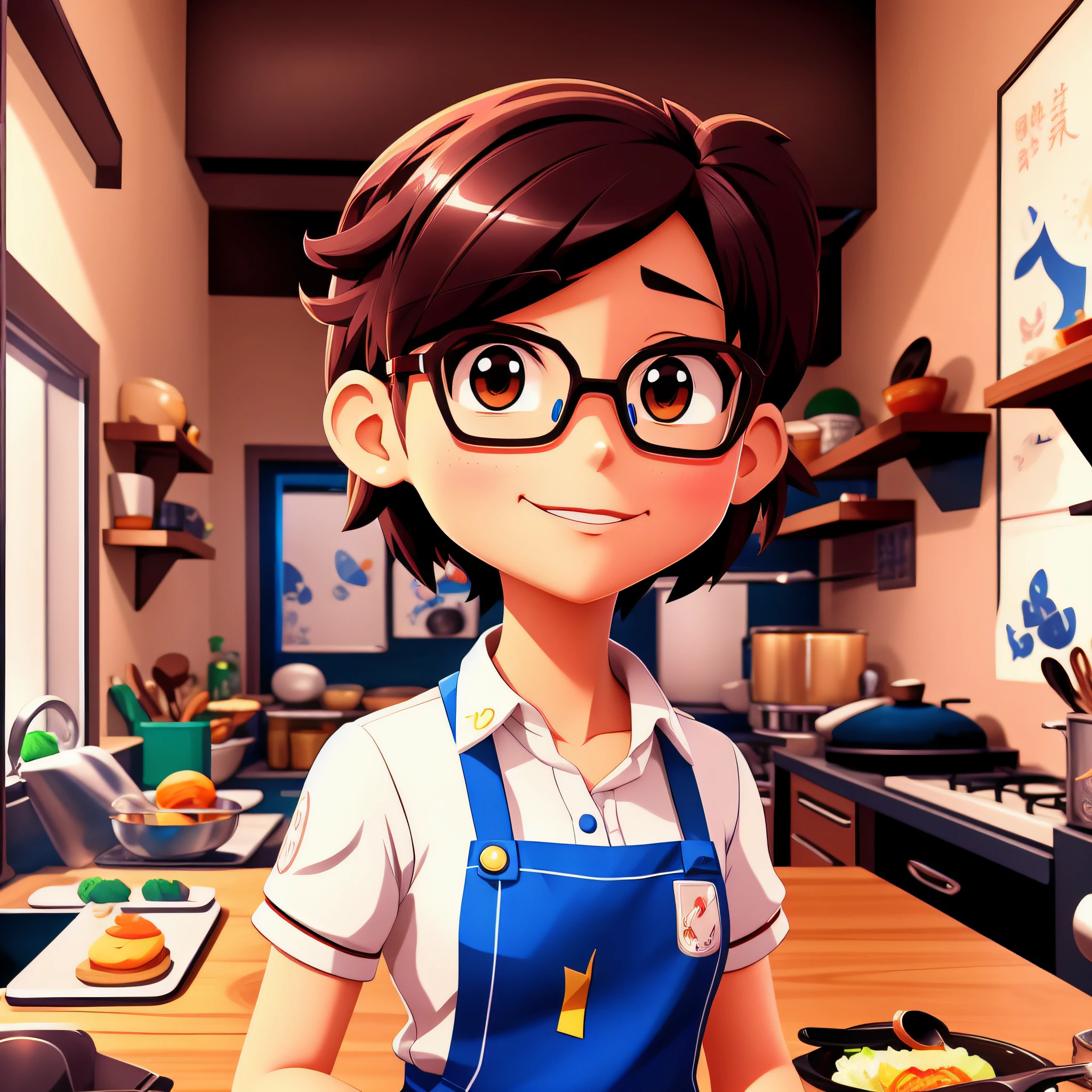 Cartoon girl in the kitchen,There was food and cooking utensils on the counter, Stylized anime, Realistic anime 3 D style, official character art, anime styled 3d, inspirado em Goro Fujita, Stylized game art, Cute detailed digital art, Official illustration, official character illustration, stylized as a 3d render, hero 2 d fanart artsation, Stylized 3 D