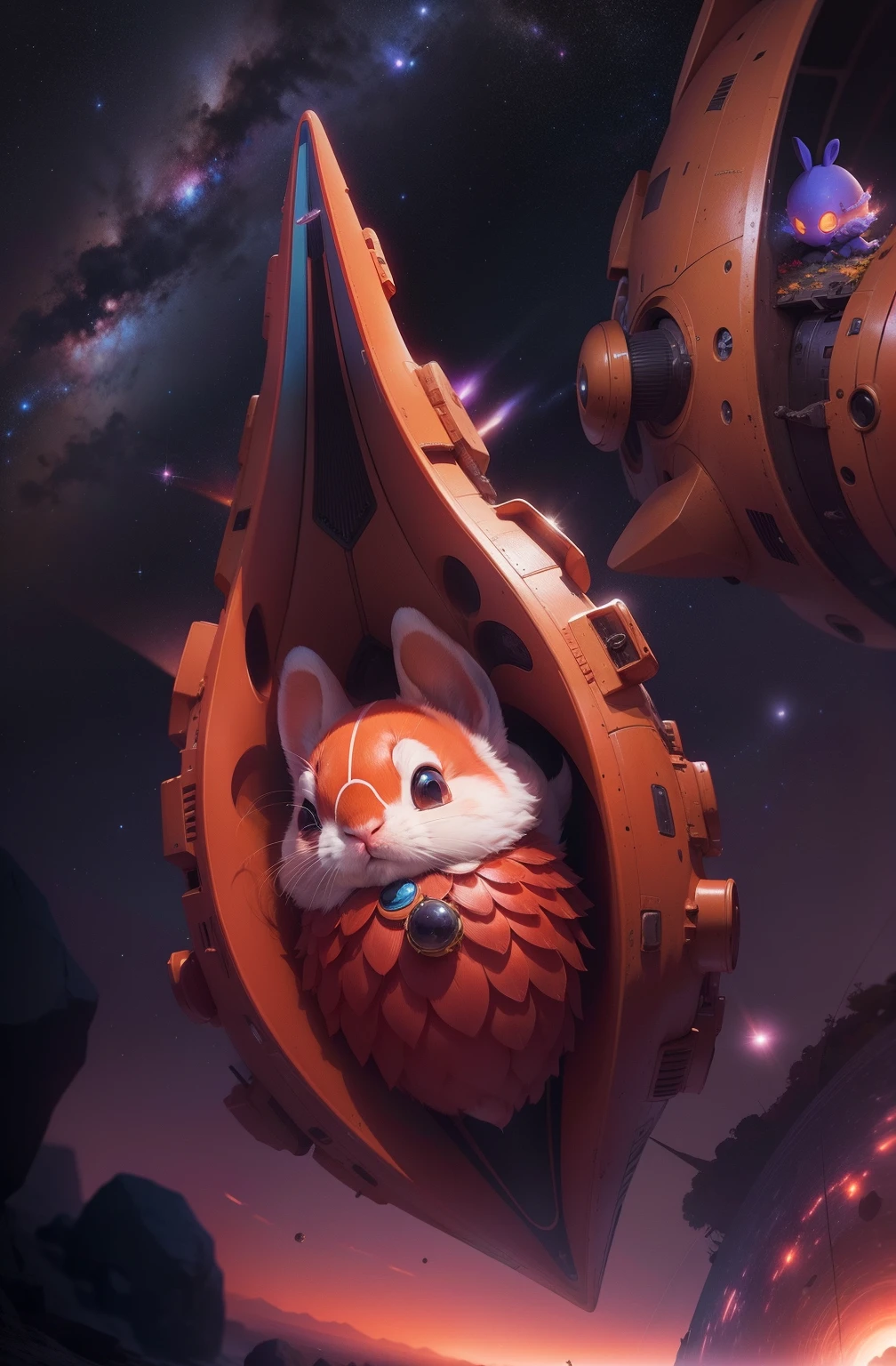 a fluffy red space-bunny, wearing high-heals, helmet off lands on a desert planet, her spaceship looks like a sunflower seed, there is a faint blue Saturn-like planet in the evening sky, all the stars are out in the purple orange alien sky, strange small trees adorned with colorful seed pods chime and jingle, winds blow the musical sounds to our bunnies perked ears, small creatures scurry among the rocks, colorful bird-like creatures fill the sky, an alien civilization is seen on the distant horizon, small lakes and streams pool nearby, 64k resolution, photorealism, hyperdetailed, in the style of pinup art