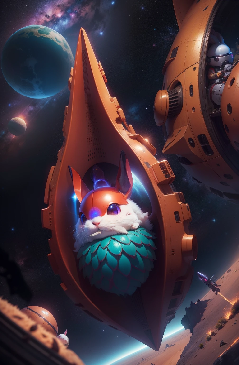 a fluffy red space-bunny, wearing high-heals, helmet off lands on a desert planet, her spaceship looks like a sunflower seed, there is a faint blue Saturn-like planet in the evening sky, all the stars are out in the purple orange alien sky, strange small trees adorned with colorful seed pods chime and jingle, winds blow the musical sounds to our bunnies perked ears, small creatures scurry among the rocks, colorful bird-like creatures fill the sky, an alien civilization is seen on the distant horizon, small lakes and streams pool nearby, 64k resolution, photorealism, hyperdetailed, in the style of pinup art