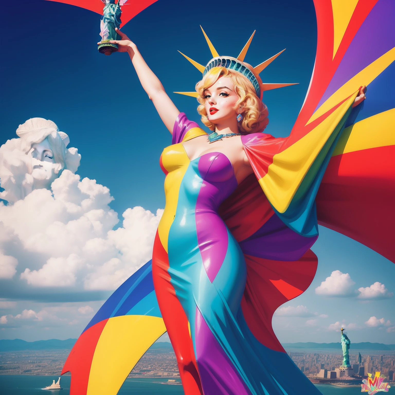 Marylin Monroe in the sky with diamonds, Statue of Liberty in the style of peter max