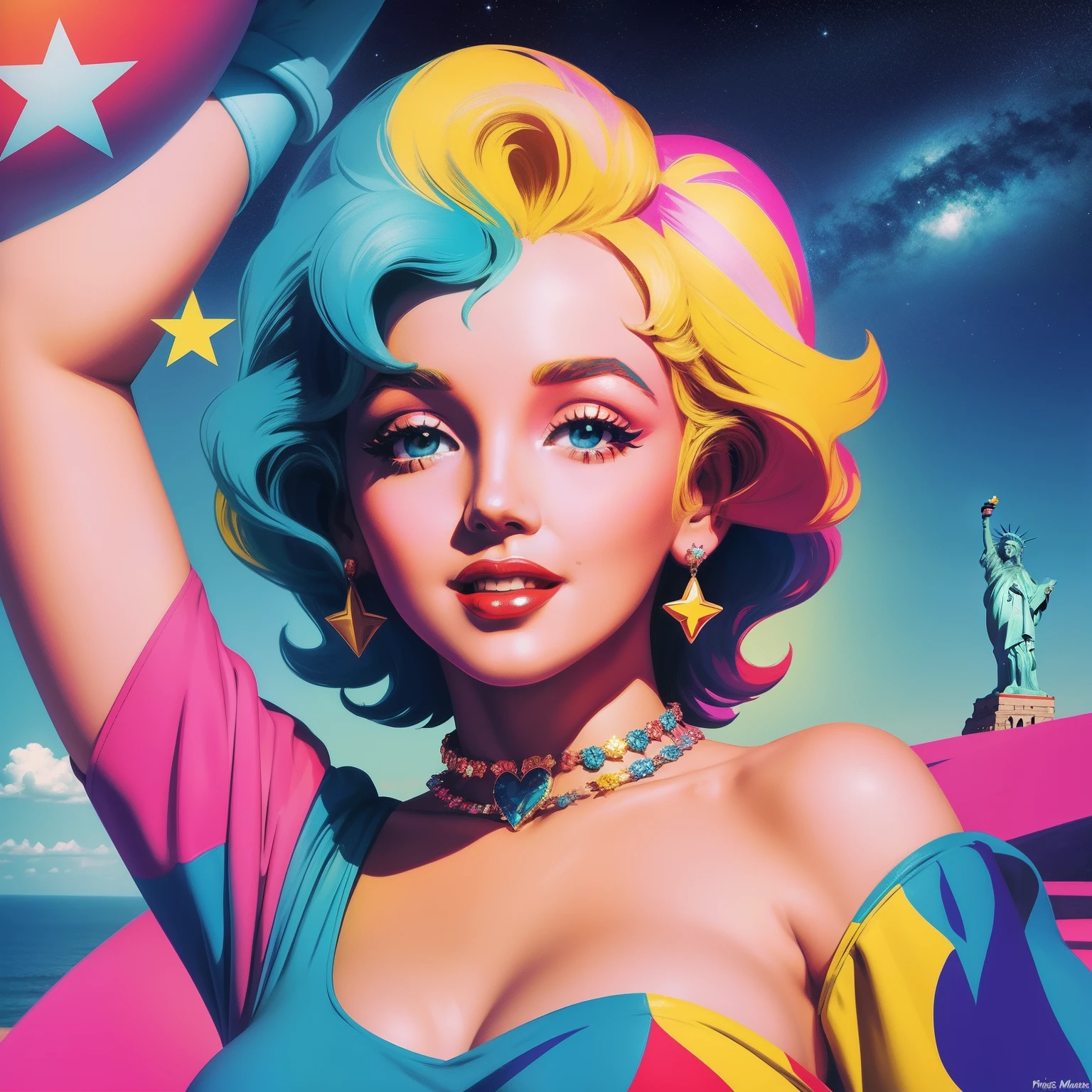 Marylin Monroe in the sky with diamonds, Statue of Liberty in the style of peter max