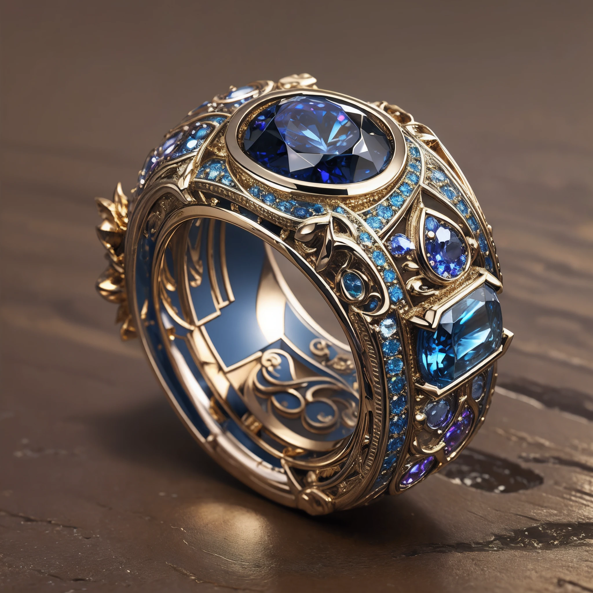 Masterpiece，highest  quality，(Nothing but the ring)，(No Man),Phoenix ring setting，starrysky，Wrapped around the end from beginning to end，Delicate silver ring，Starry sky in the ring,The sheen，inverted image，Sparkling blue-purple gemstones，Elegant and noble，The magic pattern on it emits the light of the Tyndall effect，It shines with a noble blue light，The golden-red tone is filled with dark-style graphics，simple backgound，