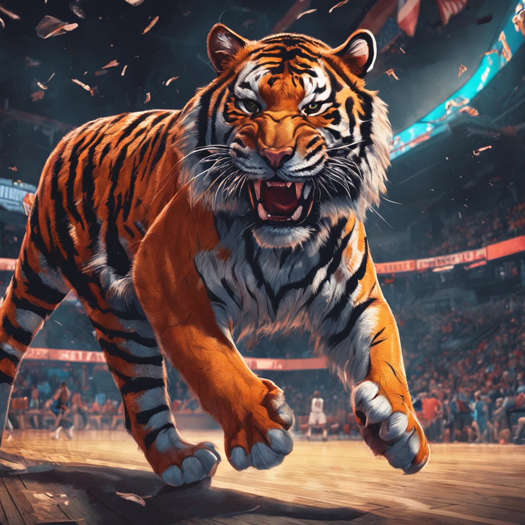 Tigers leap to the basketball,American illustration