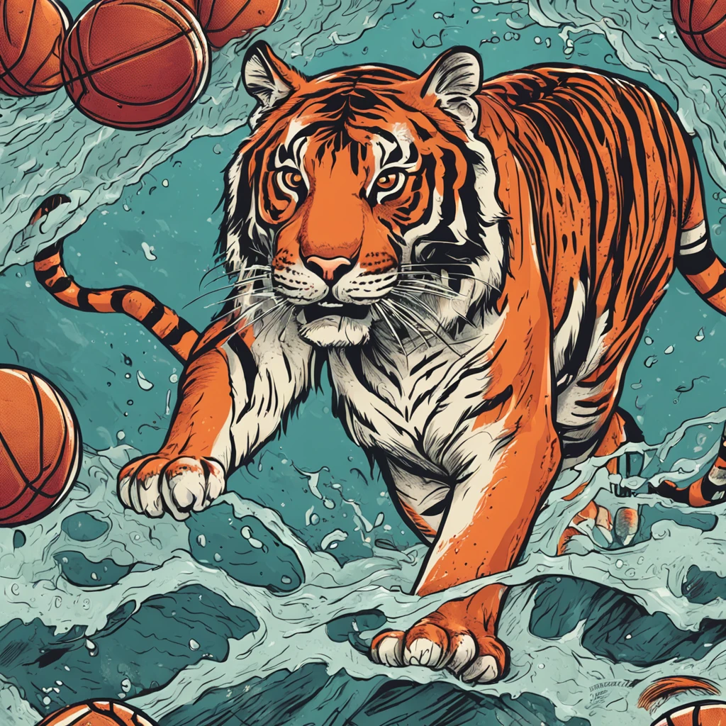 Tigers leap to the basketball,American illustration