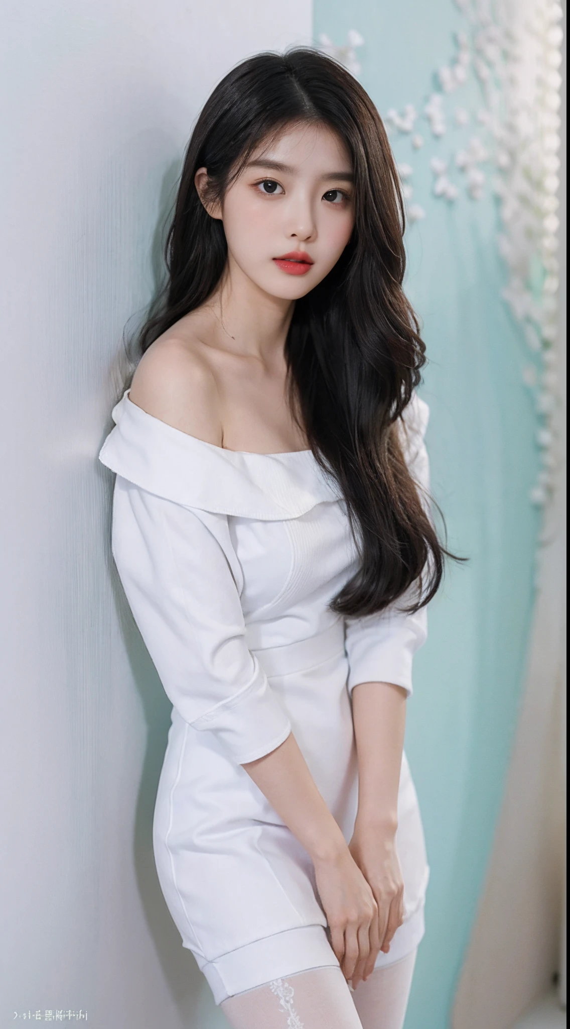 A perfect young female white-collar worker,Chinese big breasts,High picture quality,Works of masters,Black hair,Long hair shawl,Long hair flowing over the shoulders,cropped shoulders,clavicle,exquisite face,Hydrated red lips,blue-shirt,Banzoe bartic(show legs),Hosiery,white stockings,((Wearing black gloves))Real Human,Interior wall background,CG rendering,16K,Stand up,Empty interior,Do not show your hands,Close-up shot