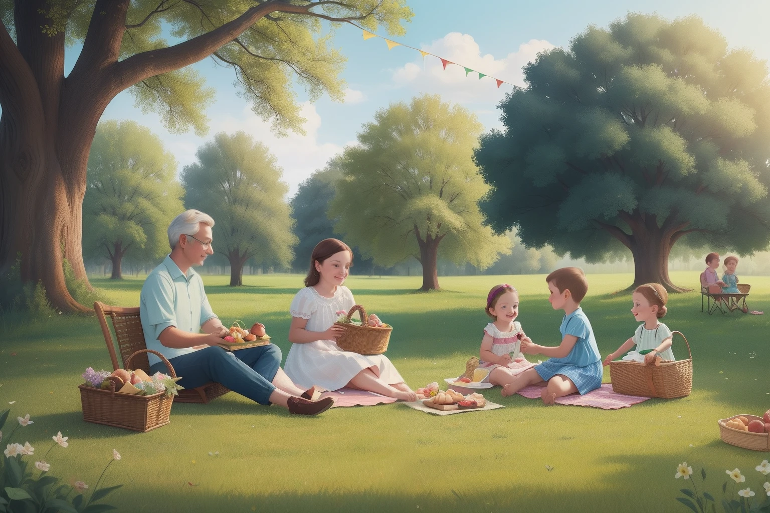 Year: 2017
Country: Lithuania
Description: In a charming Vilnius neighborhood, an upper-middle-class family enjoys a picnic in a lush park. The scene is set with pastel blankets, vintage wicker baskets, and a spread of local delicacies. Children fly kites in the clear blue sky, while parents converse under the shade of elegant oak trees.